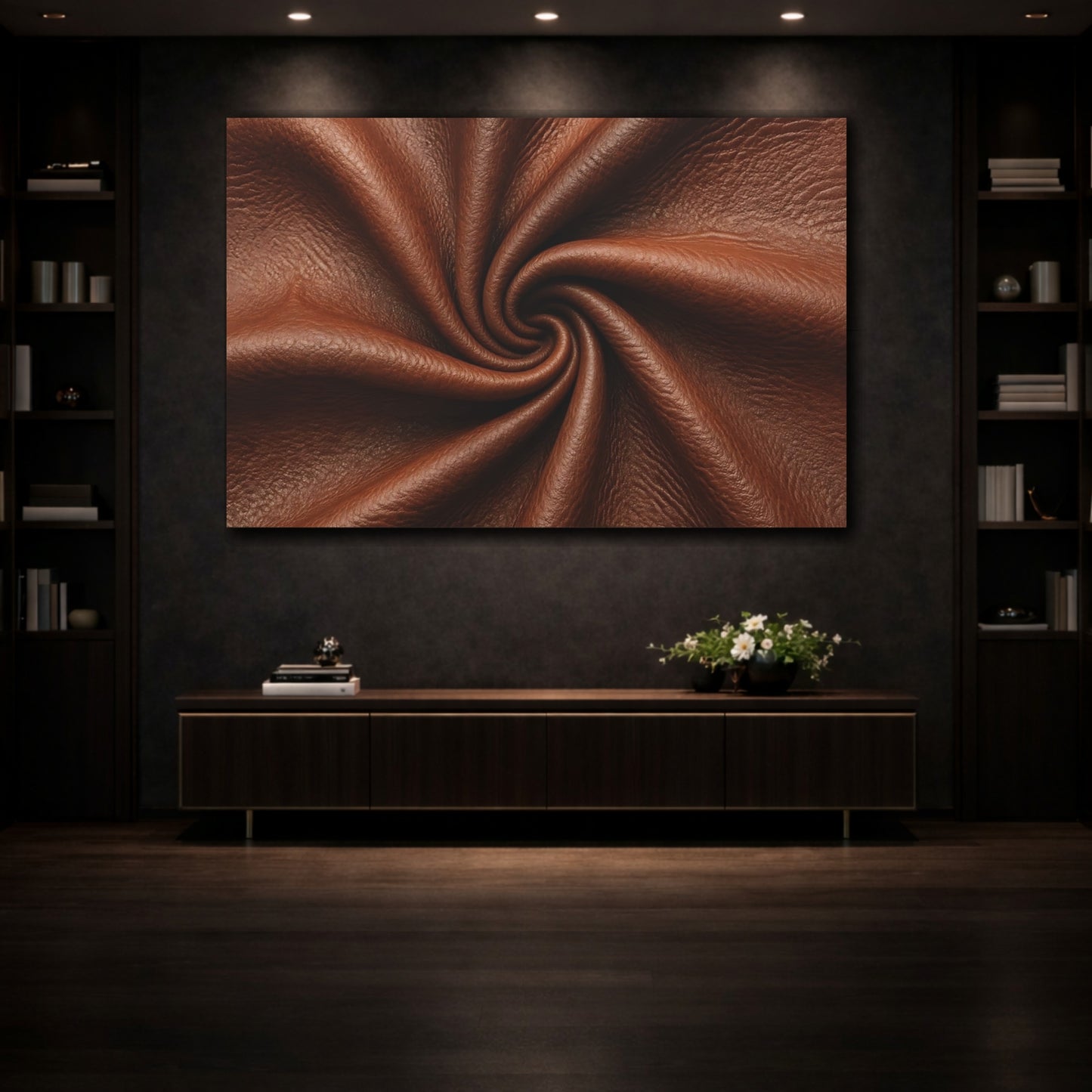 Mockup 3. Abstract Leather Texture Brown Leather Swirl shown as stretched canvas wall art