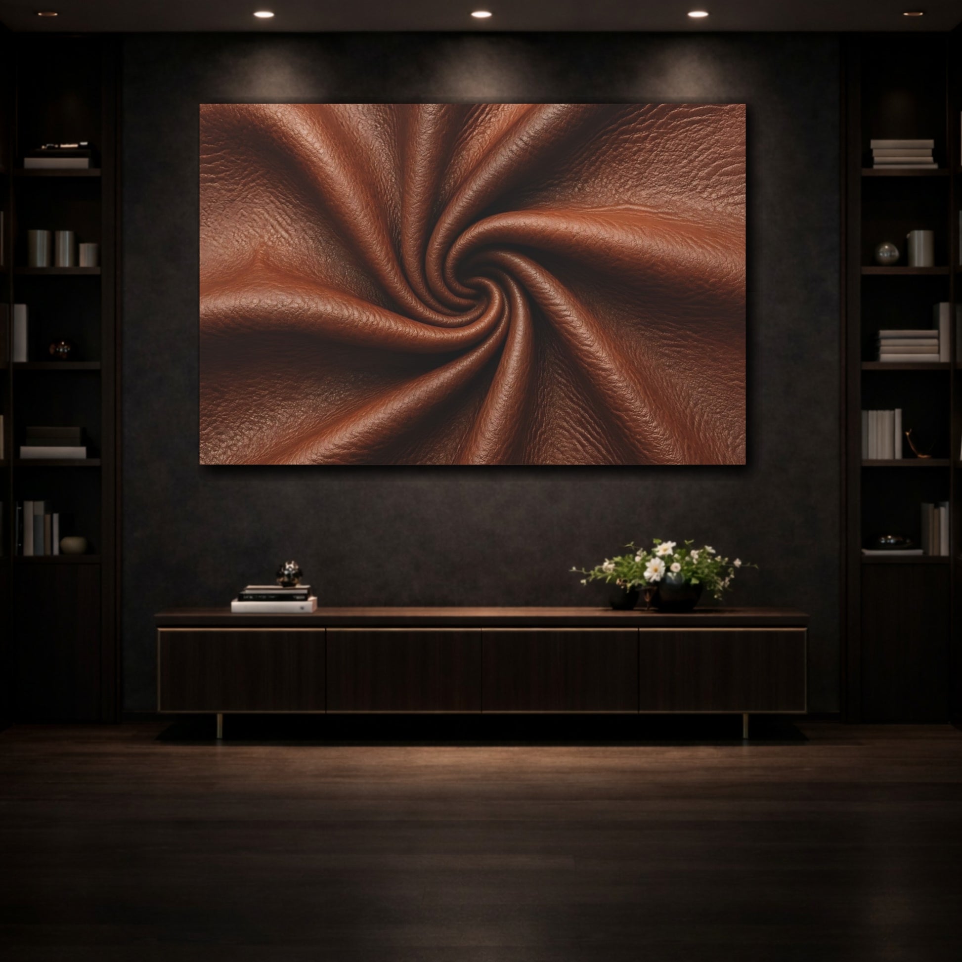 Mockup 3. Abstract Leather Texture Brown Leather Swirl shown as stretched canvas wall art
