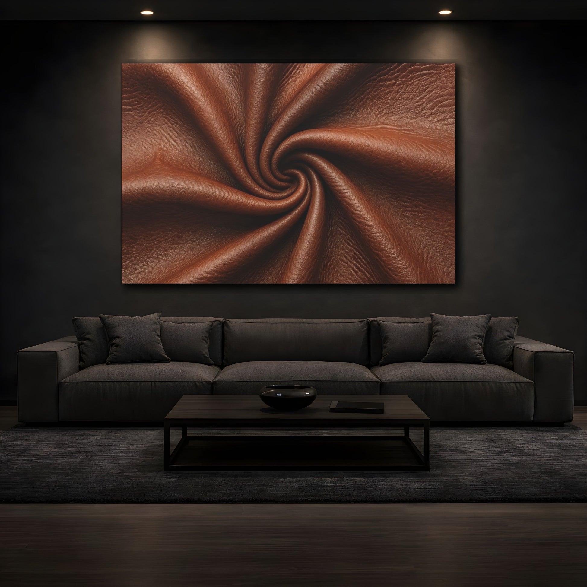 Mockup 4. Abstract Leather Texture Brown Leather Swirl shown as stretched canvas wall art