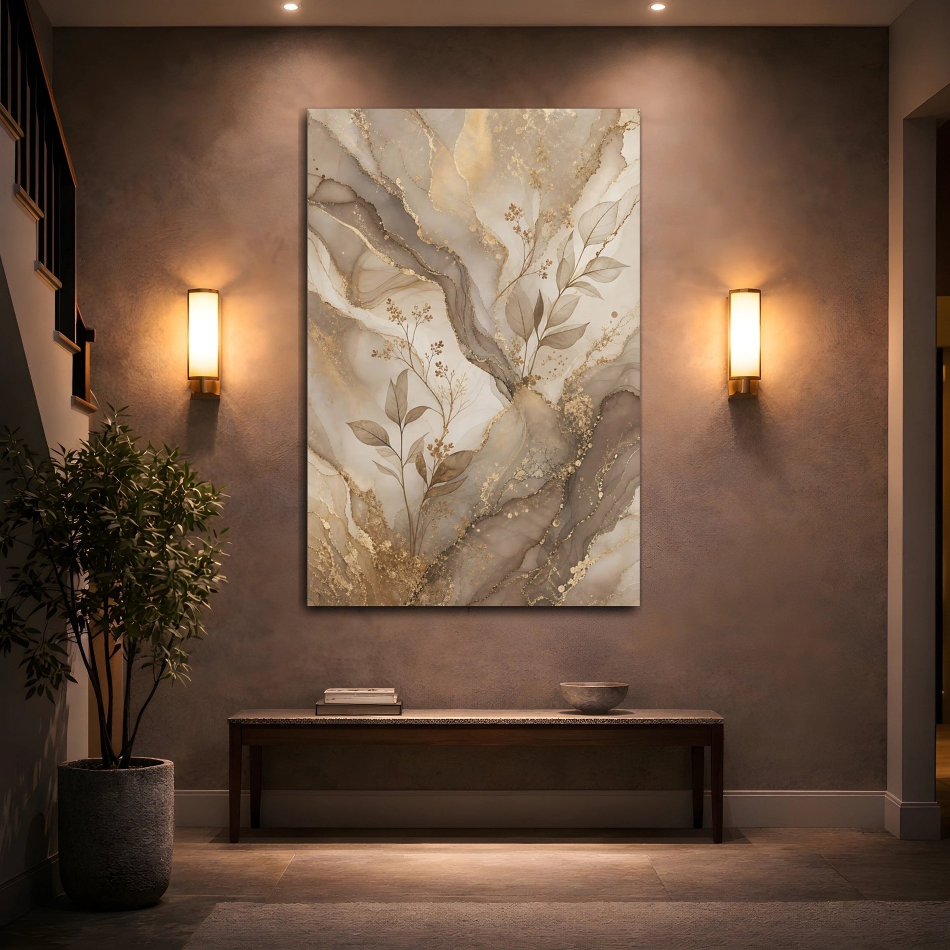 Abstract Leaves Brown And Gold Canvas Print – Living Room, Above Sofa, - YesArtYes