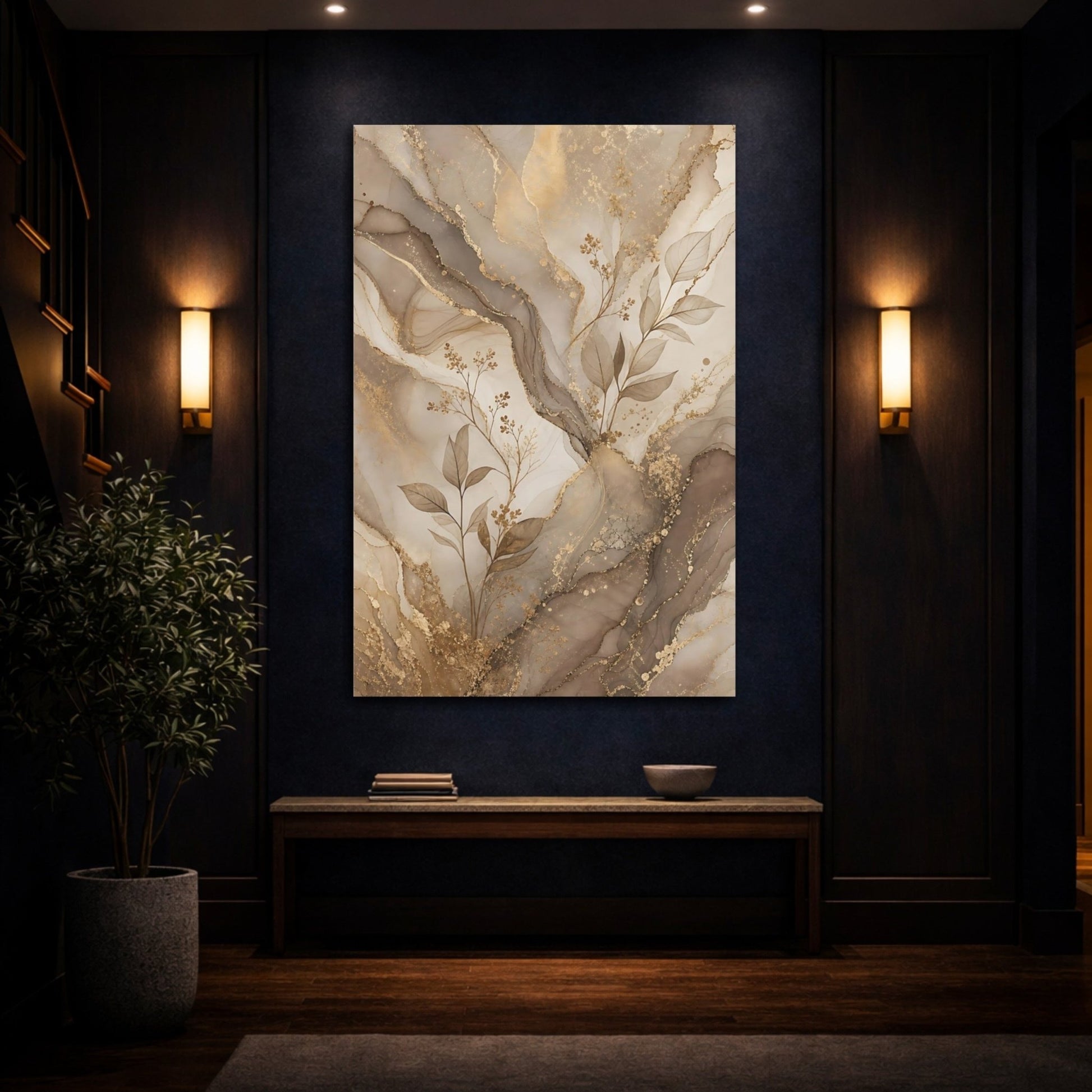 Abstract Leaves Brown And Gold Canvas Print – Living Room, Above Sofa, - YesArtYes