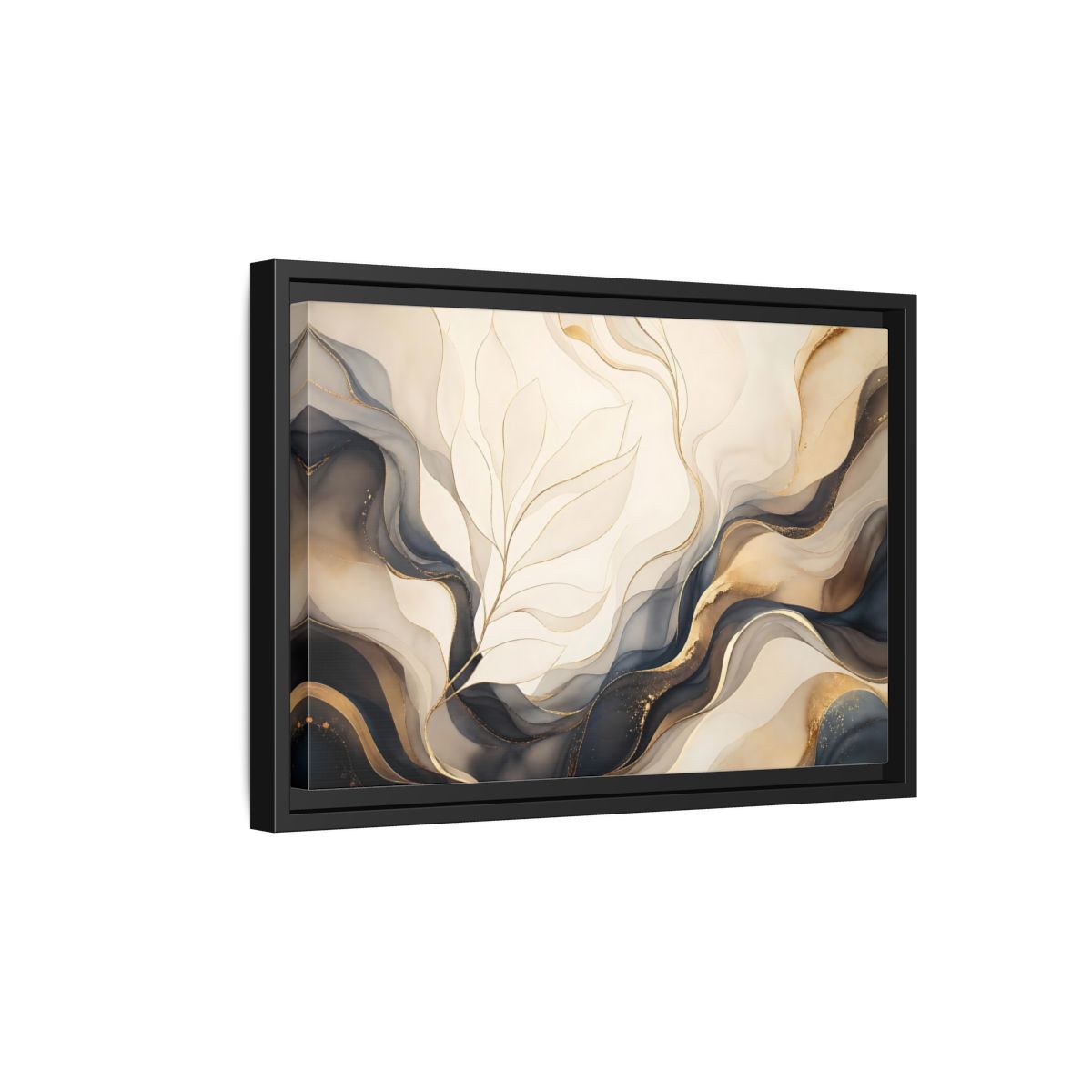 Side Mockup 6. Abstract Abstract Leaves Gold And Gray shown as framed canvas print