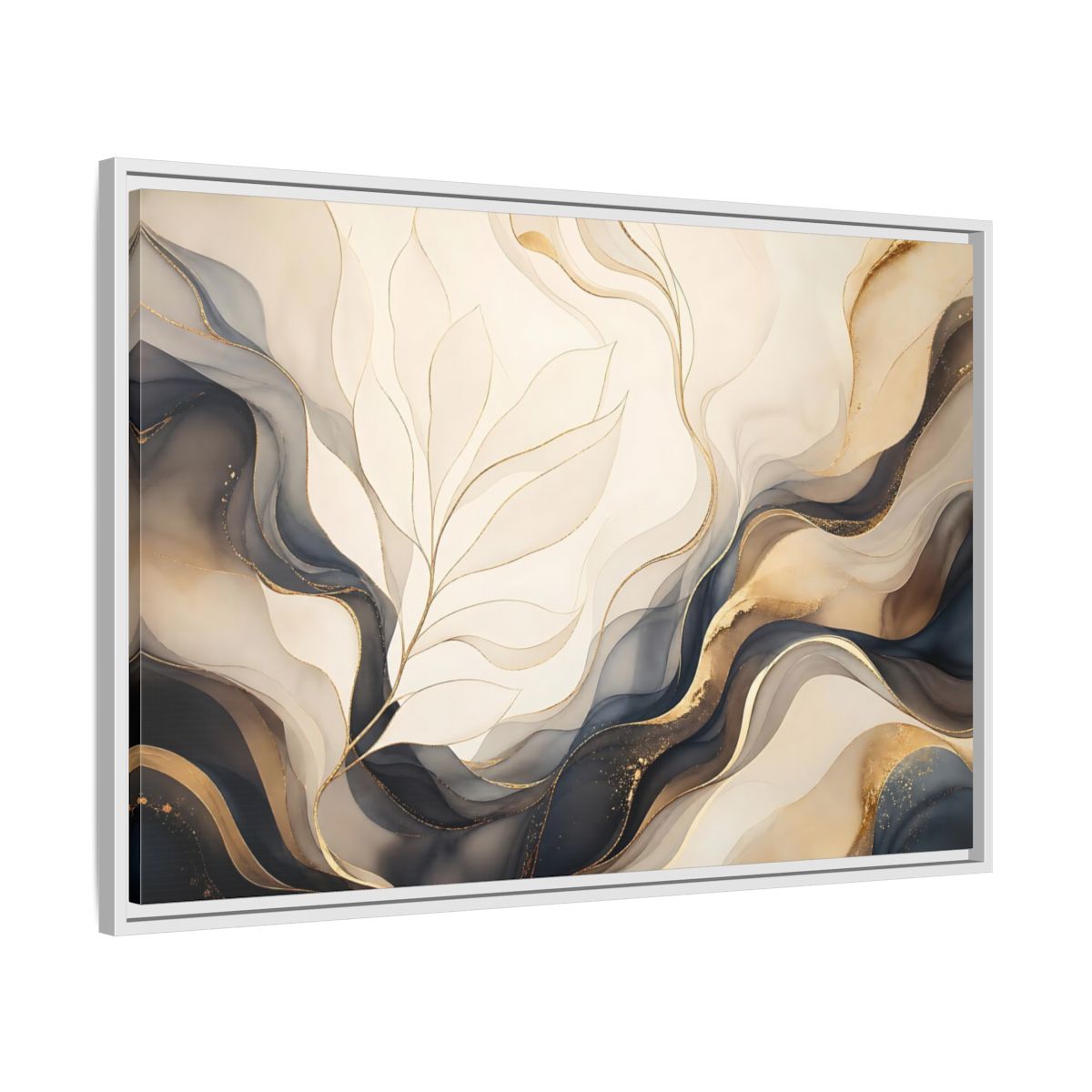 Side Mockup 9. Abstract Abstract Leaves Gold And Gray shown as framed canvas print