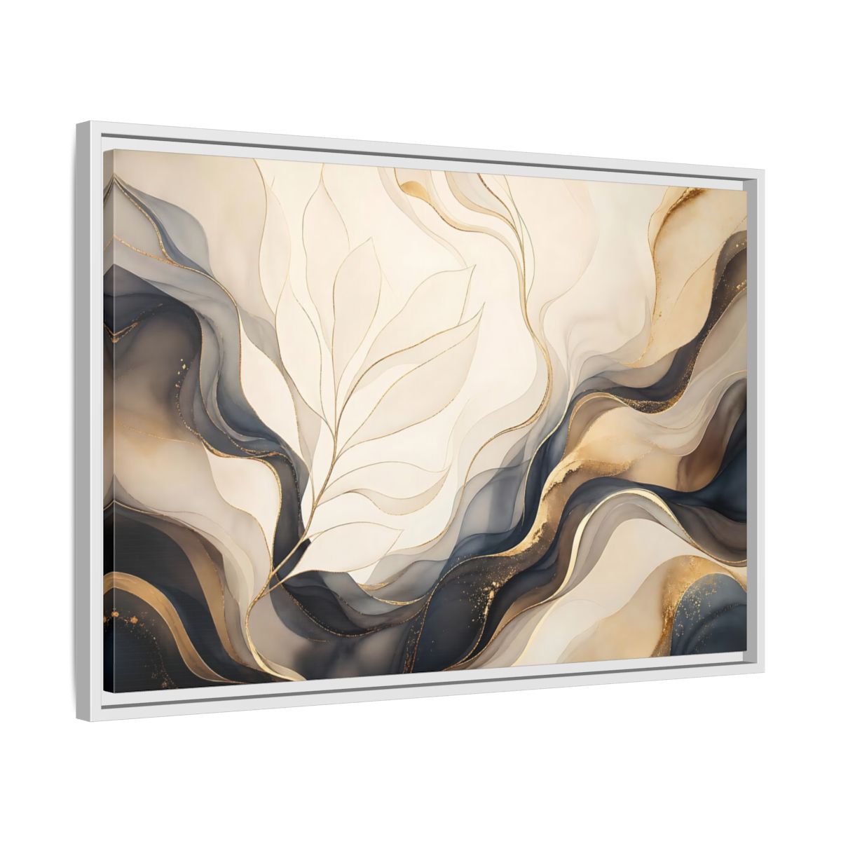 Side Mockup 10. Abstract Abstract Leaves Gold And Gray shown as framed canvas print