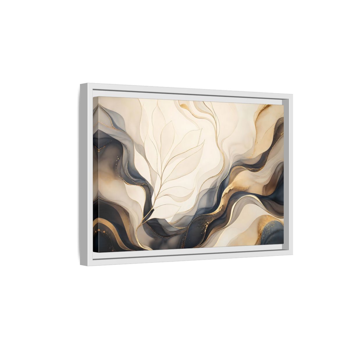 Side Mockup 4. Abstract Abstract Leaves Gold And Gray shown as framed canvas print