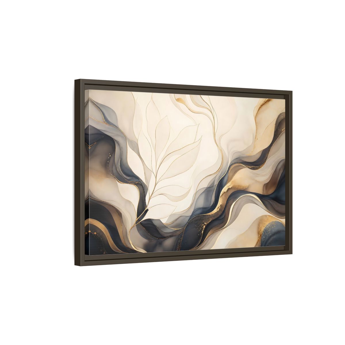 Side Mockup 2. Abstract Abstract Leaves Gold And Gray shown as framed canvas print