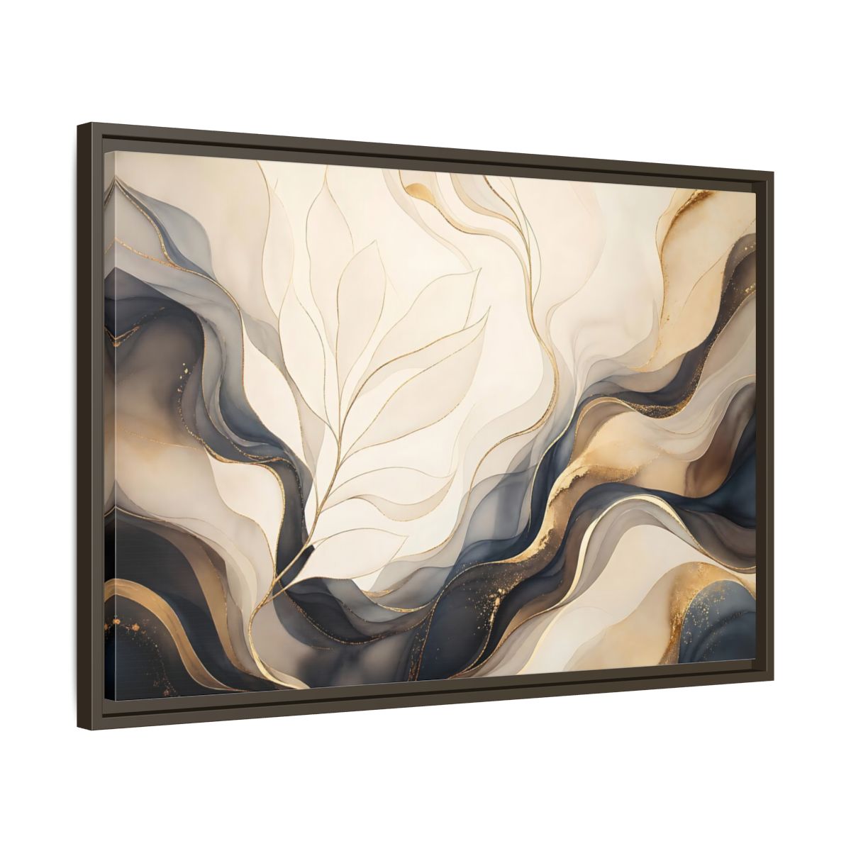 Side Mockup 11. Abstract Abstract Leaves Gold And Gray shown as framed canvas print