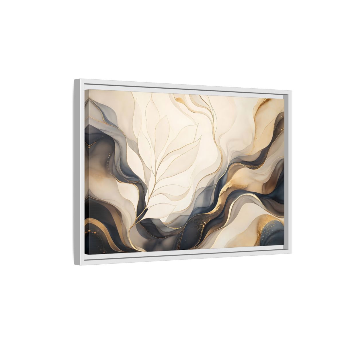 Side Mockup 1. Abstract Abstract Leaves Gold And Gray shown as framed canvas print