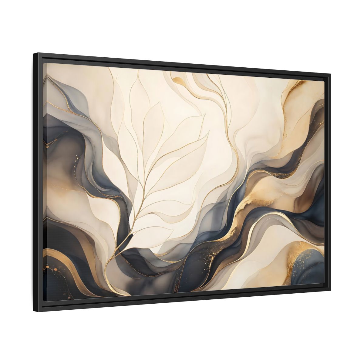 Side Mockup 13. Abstract Abstract Leaves Gold And Gray shown as framed canvas print
