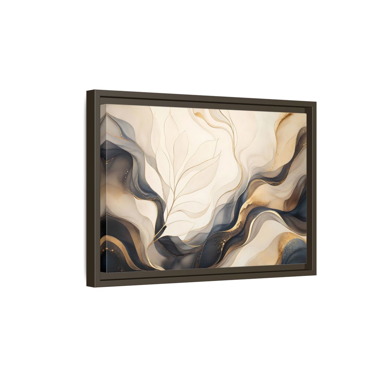 Side Mockup 5. Abstract Abstract Leaves Gold And Gray shown as framed canvas print