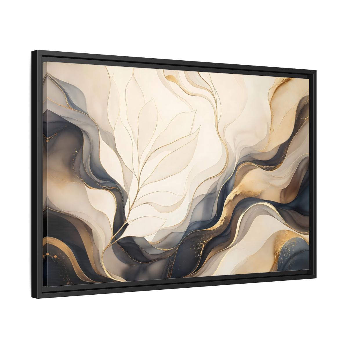 Side Mockup 14. Abstract Abstract Leaves Gold And Gray shown as framed canvas print