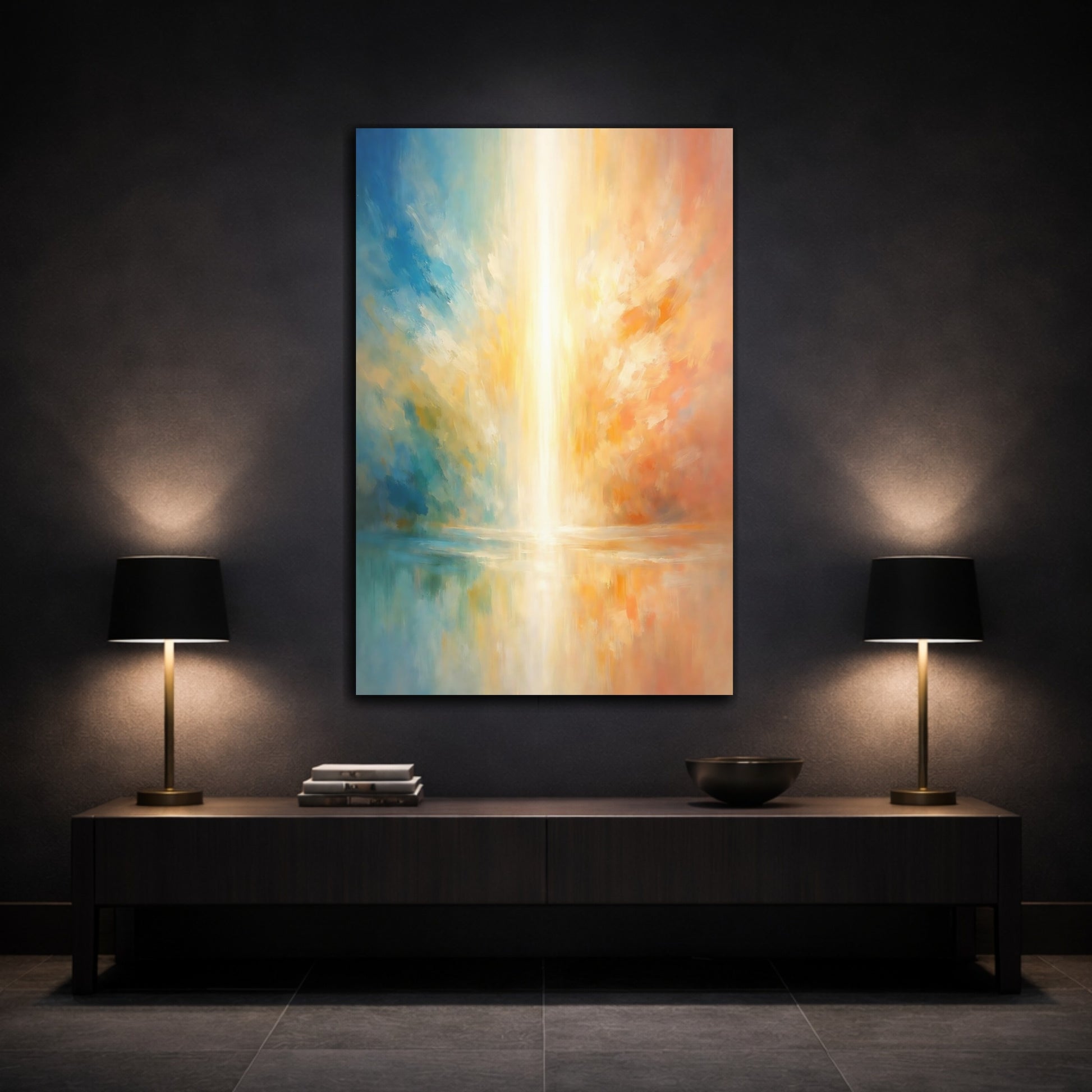 Mockup 2. Abstract Light Beam Abstract Light Reflection shown as stretched canvas wall art