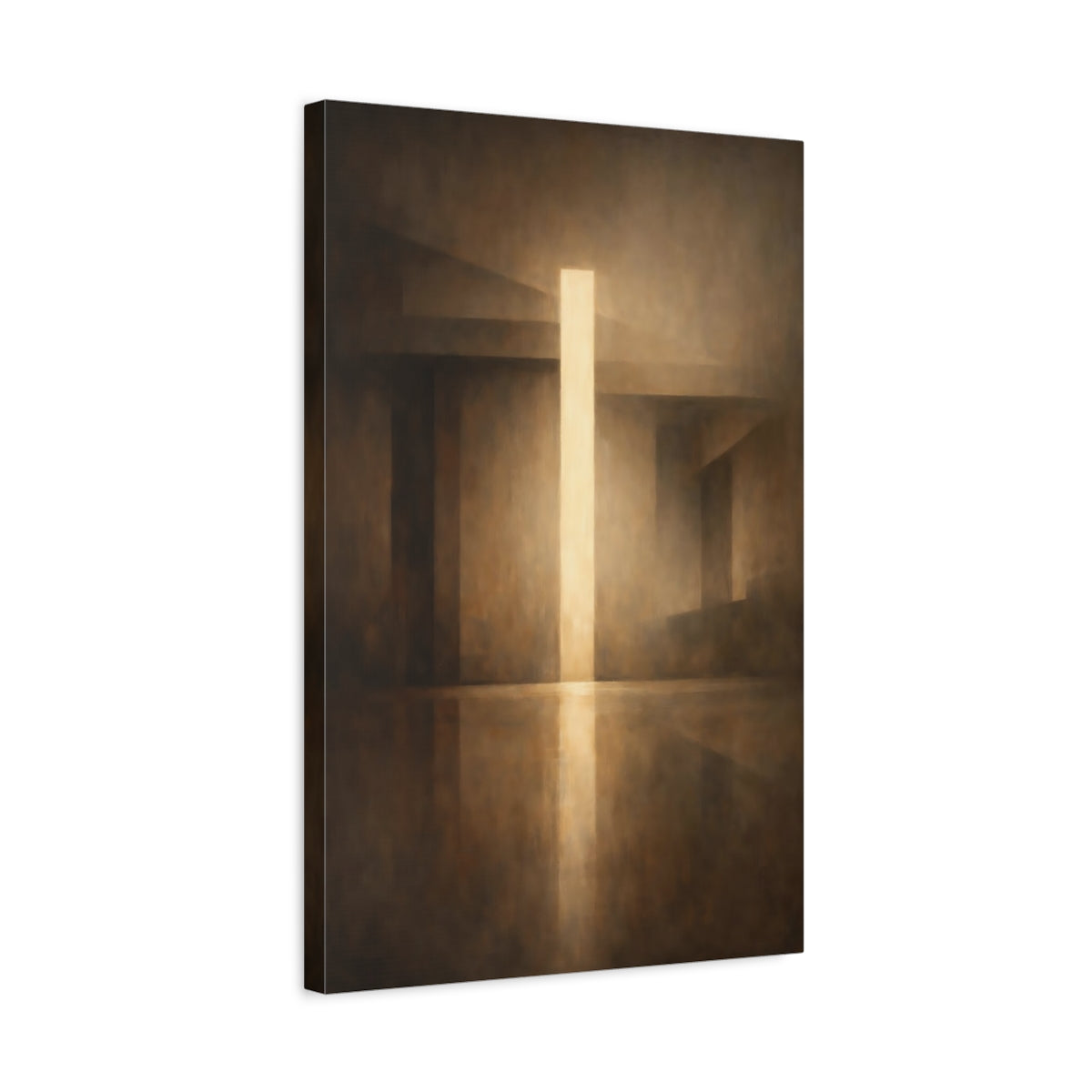 Side Mockup 3. Abstract Light Beam Brown And Gold shown as stretched canvas wall art
