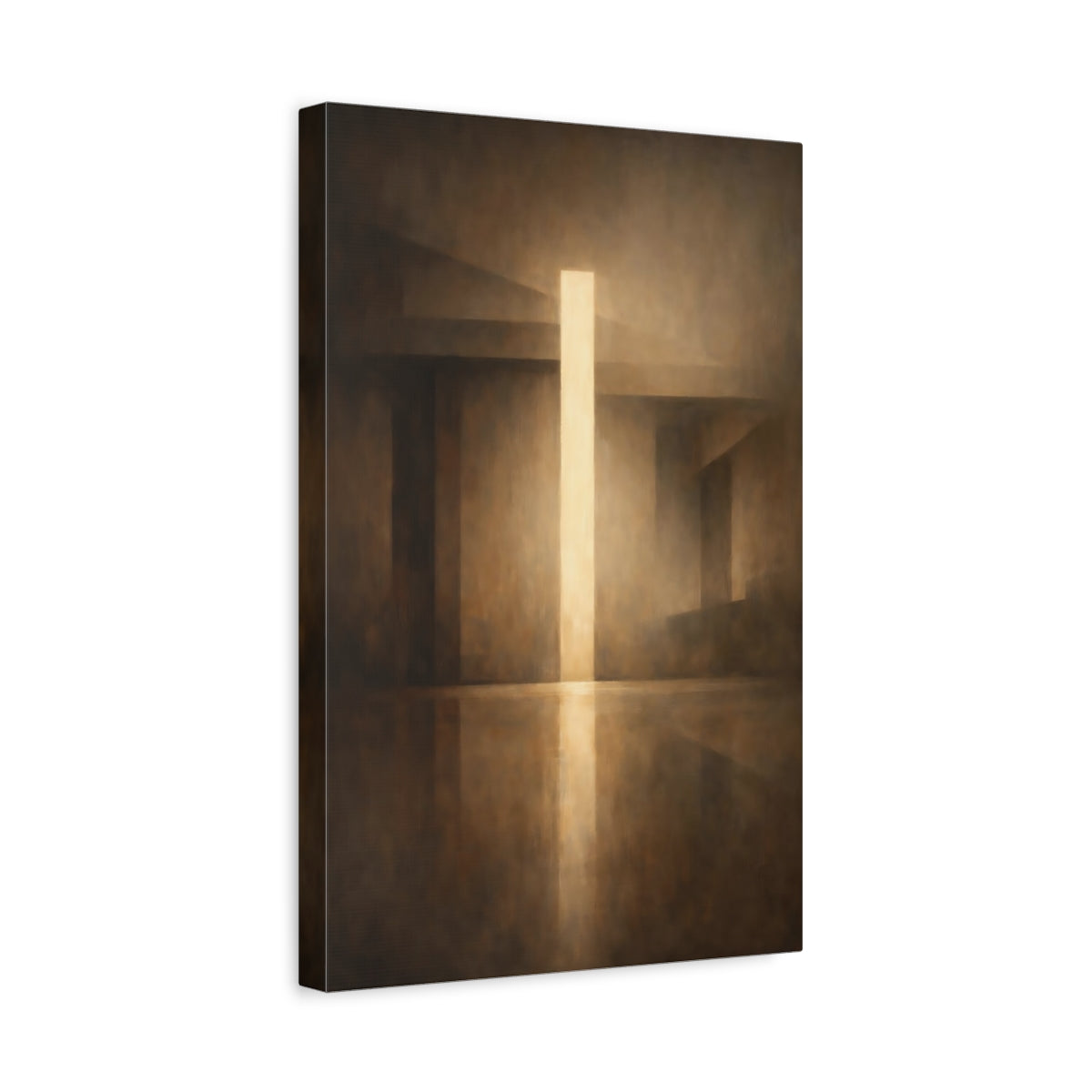 Side Mockup 4. Abstract Light Beam Brown And Gold shown as stretched canvas wall art