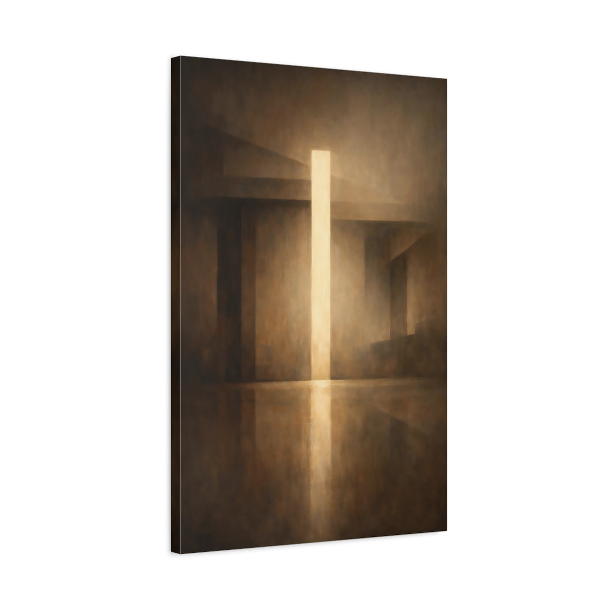 Side Mockup 2. Abstract Light Beam Brown And Gold shown as stretched canvas wall art