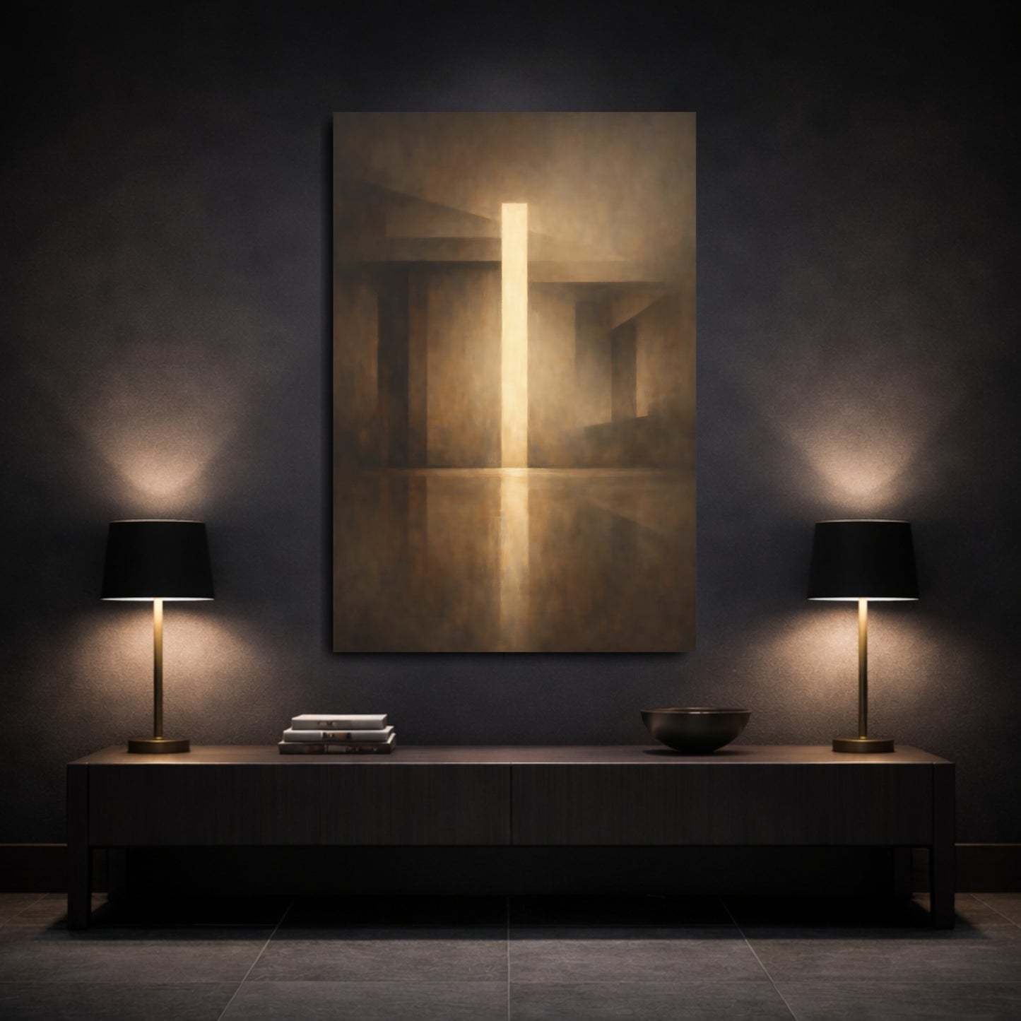 Mockup 2. Abstract Light Beam Brown And Gold shown as stretched canvas wall art
