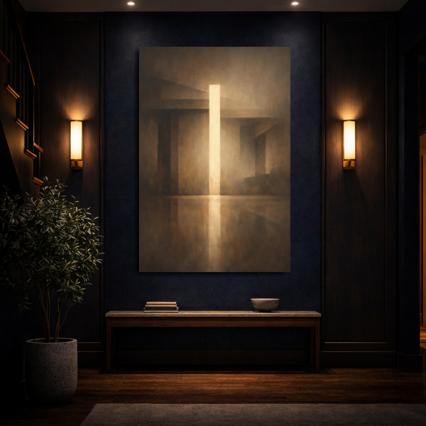 Mockup 3. Abstract Light Beam Brown And Gold shown as stretched canvas wall art