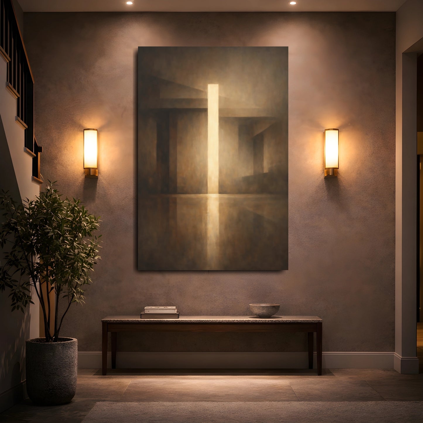Mockup 4. Abstract Light Beam Brown And Gold shown as stretched canvas wall art