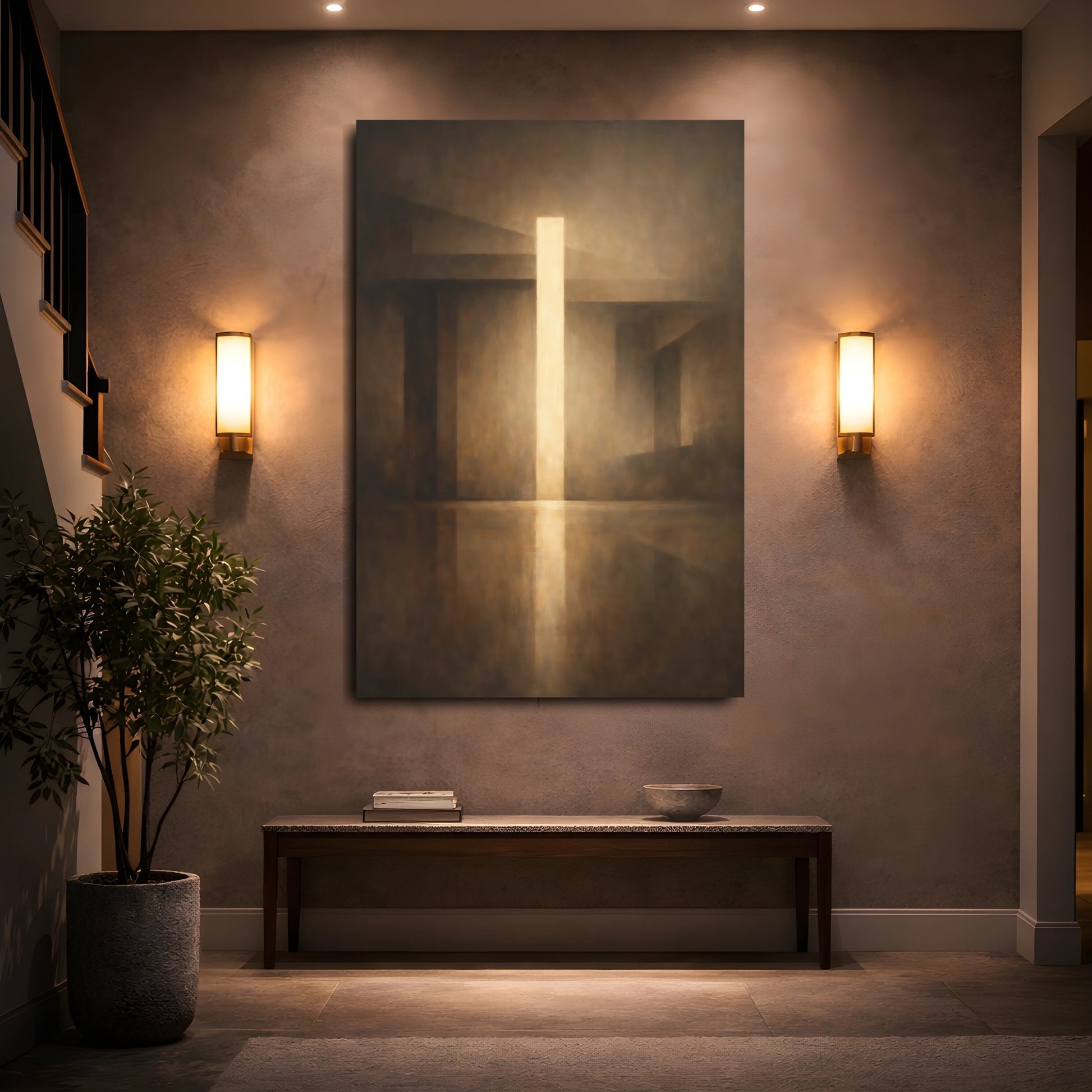 Mockup 4. Abstract Light Beam Brown And Gold shown as stretched canvas wall art