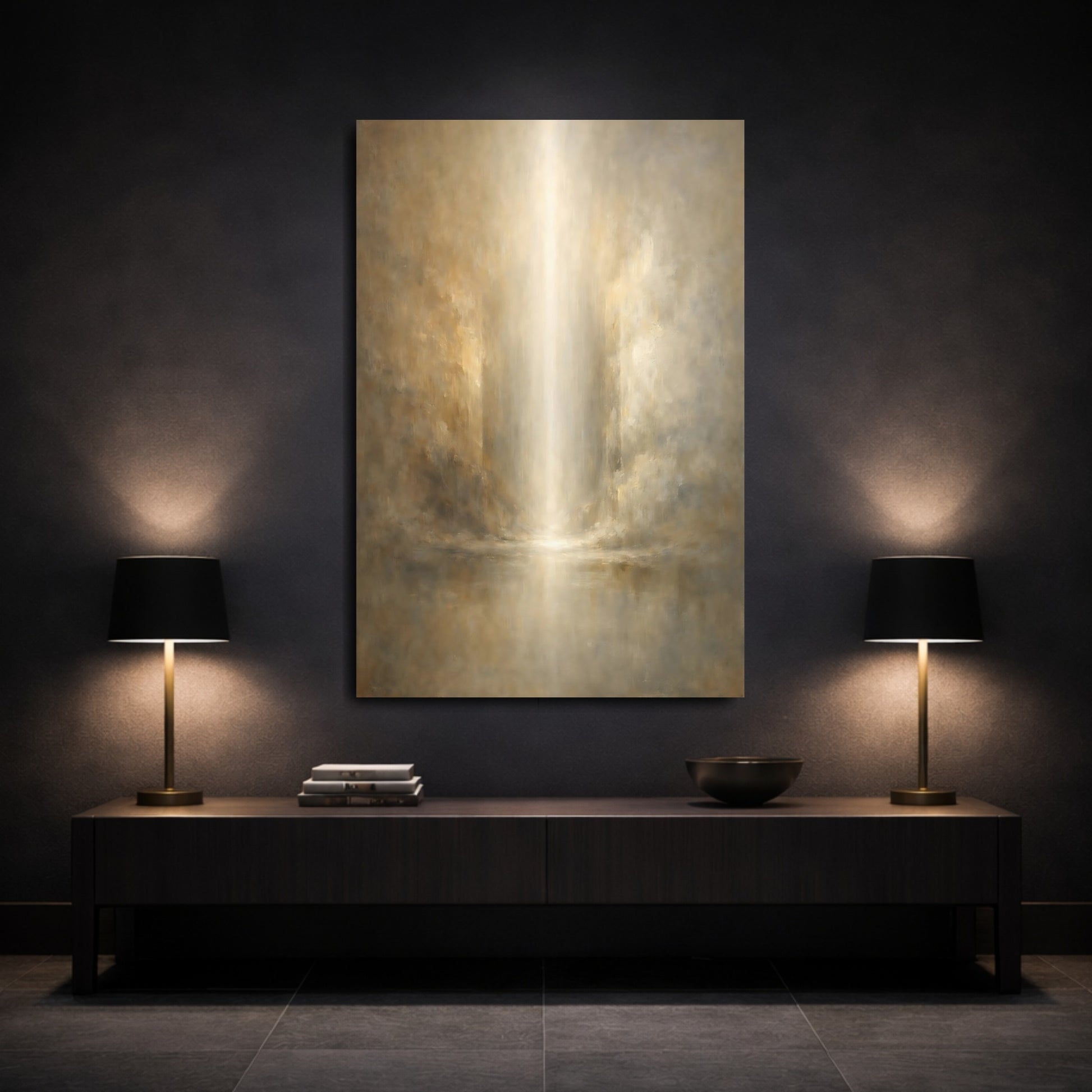 Mockup 2. Abstract Light Beam Golden Light shown as stretched canvas wall art