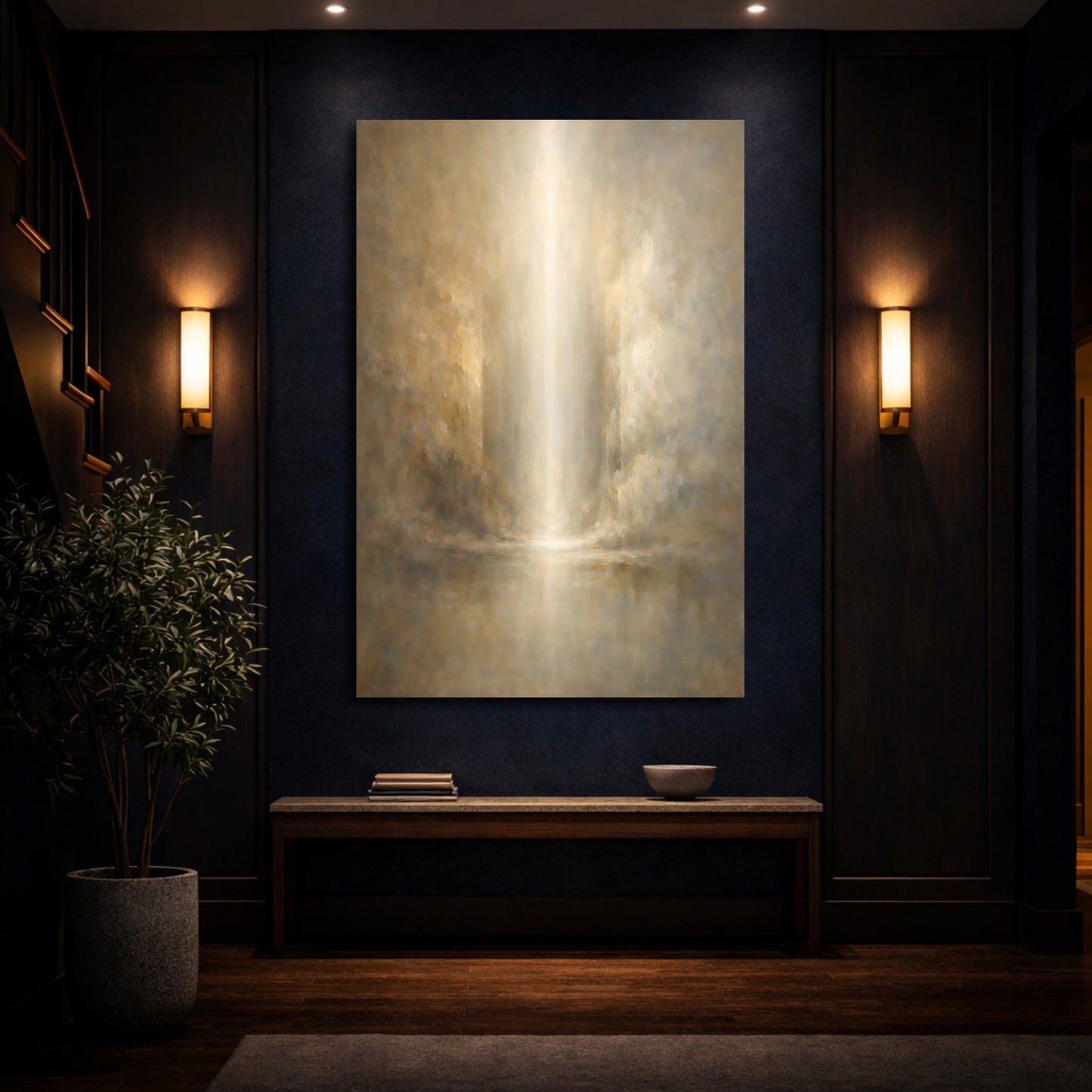 Mockup 3. Abstract Light Beam Golden Light shown as stretched canvas wall art