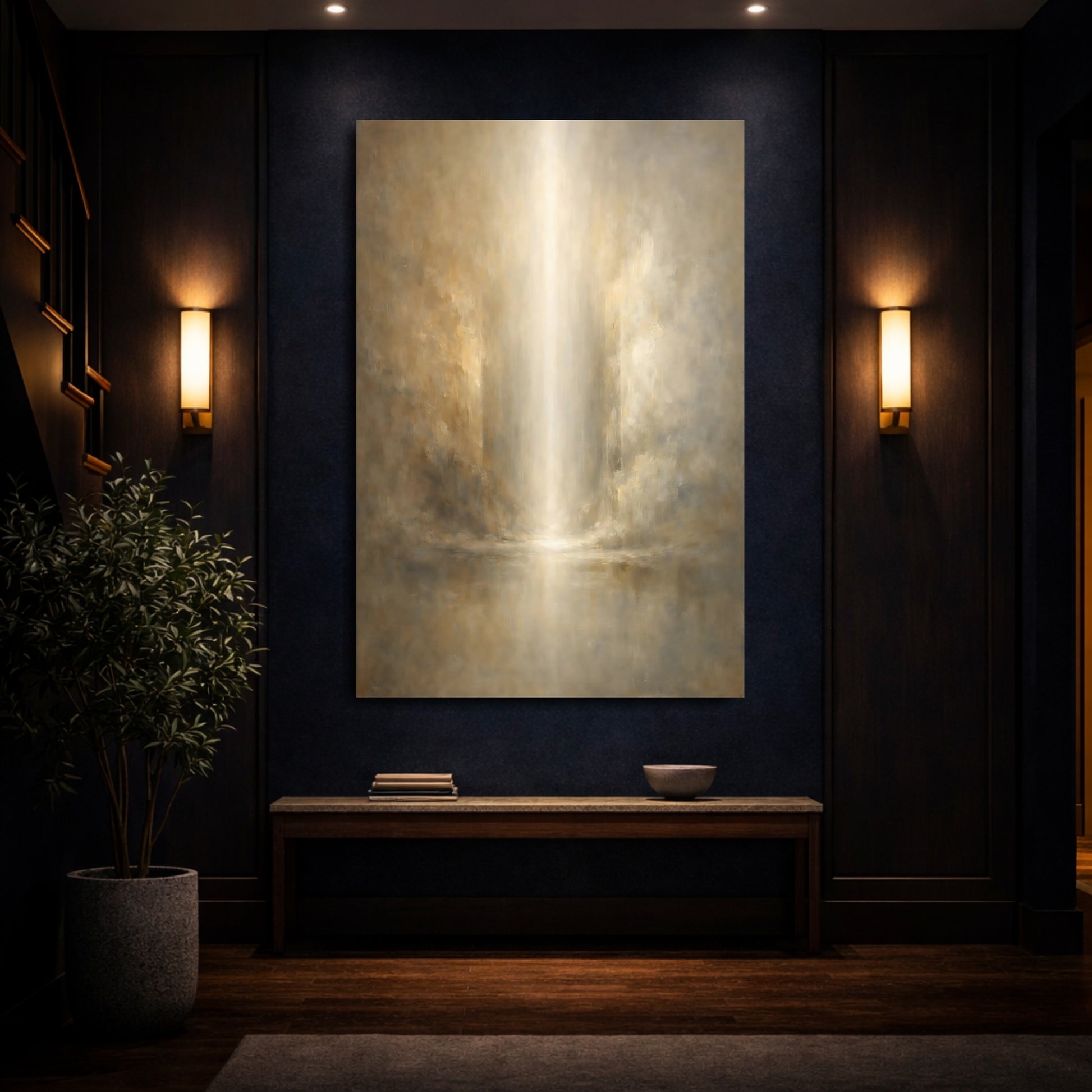 Mockup 3. Abstract Light Beam Golden Light shown as stretched canvas wall art