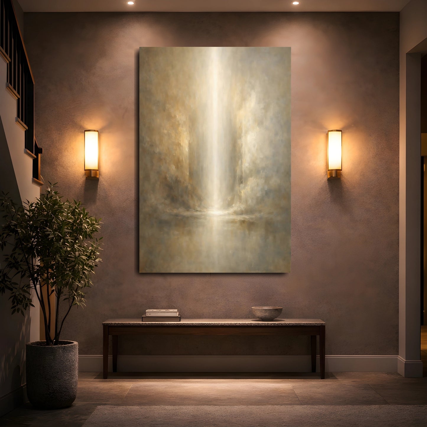 Mockup 4. Abstract Light Beam Golden Light shown as stretched canvas wall art