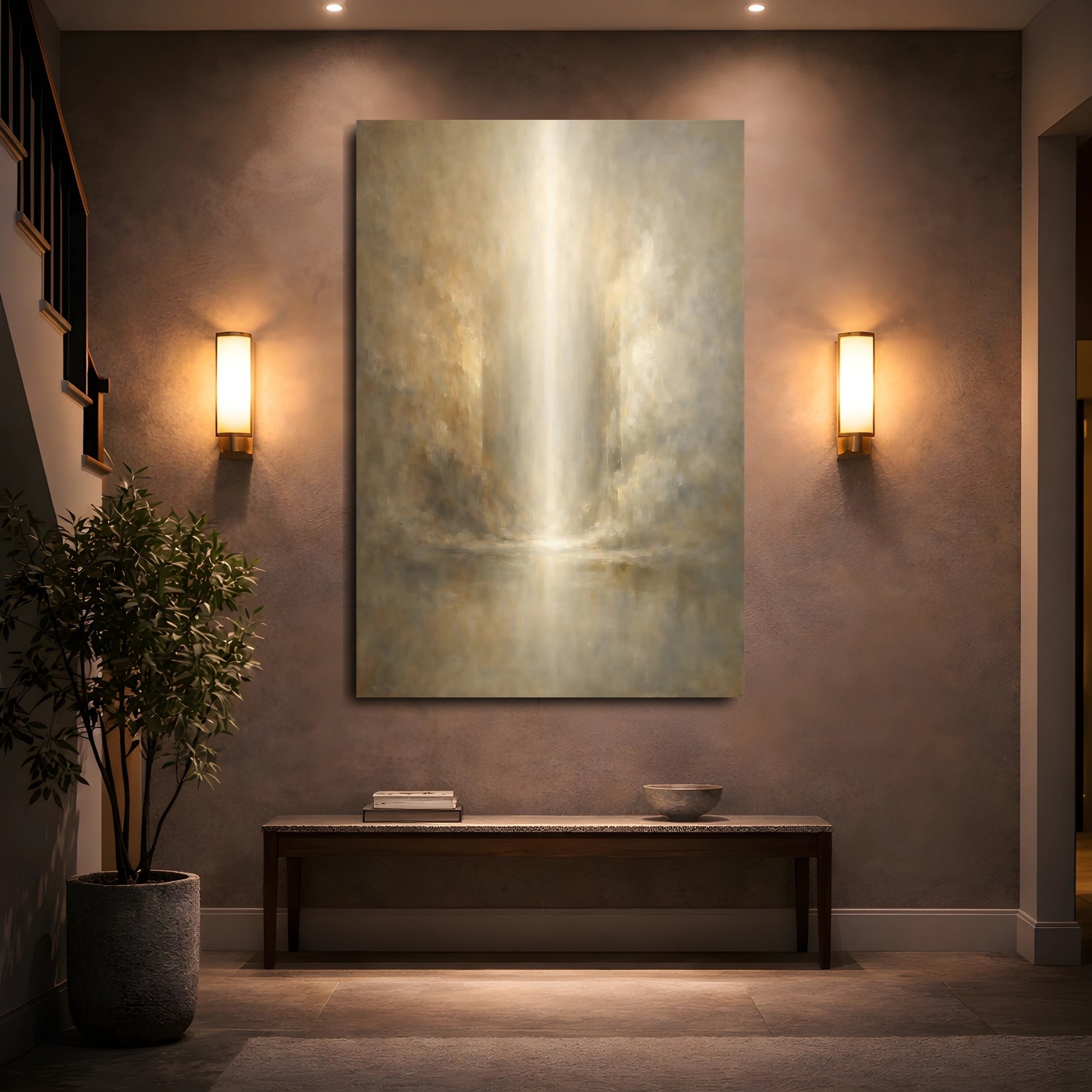Mockup 4. Abstract Light Beam Golden Light shown as stretched canvas wall art