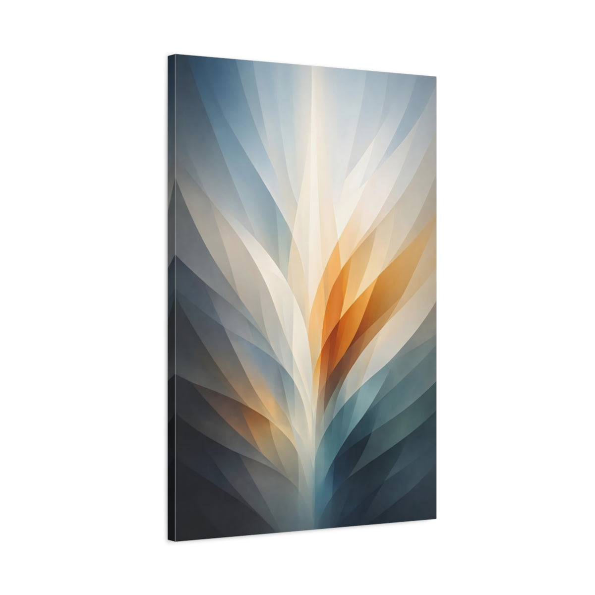 Side Mockup 1. Abstract Abstract Light Blue Orange Grey shown as stretched canvas wall art