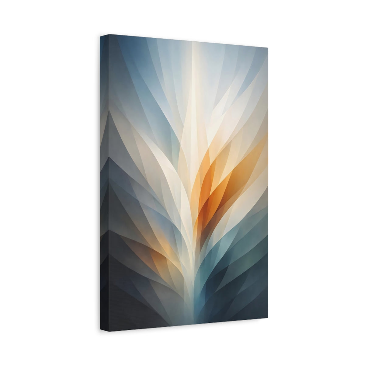 Side Mockup 4. Abstract Abstract Light Blue Orange Grey shown as stretched canvas wall art