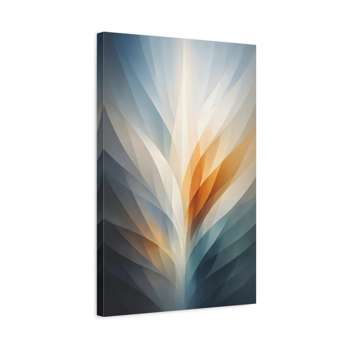 Side Mockup 3. Abstract Abstract Light Blue Orange Grey shown as stretched canvas wall art