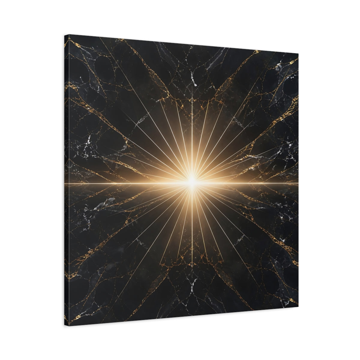 Main Mockup. Abstract Light Burst Black And Gold shown as stretched canvas wall art