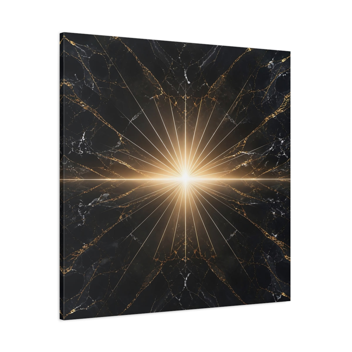 Side Mockup 1. Abstract Light Burst Black And Gold shown as stretched canvas wall art