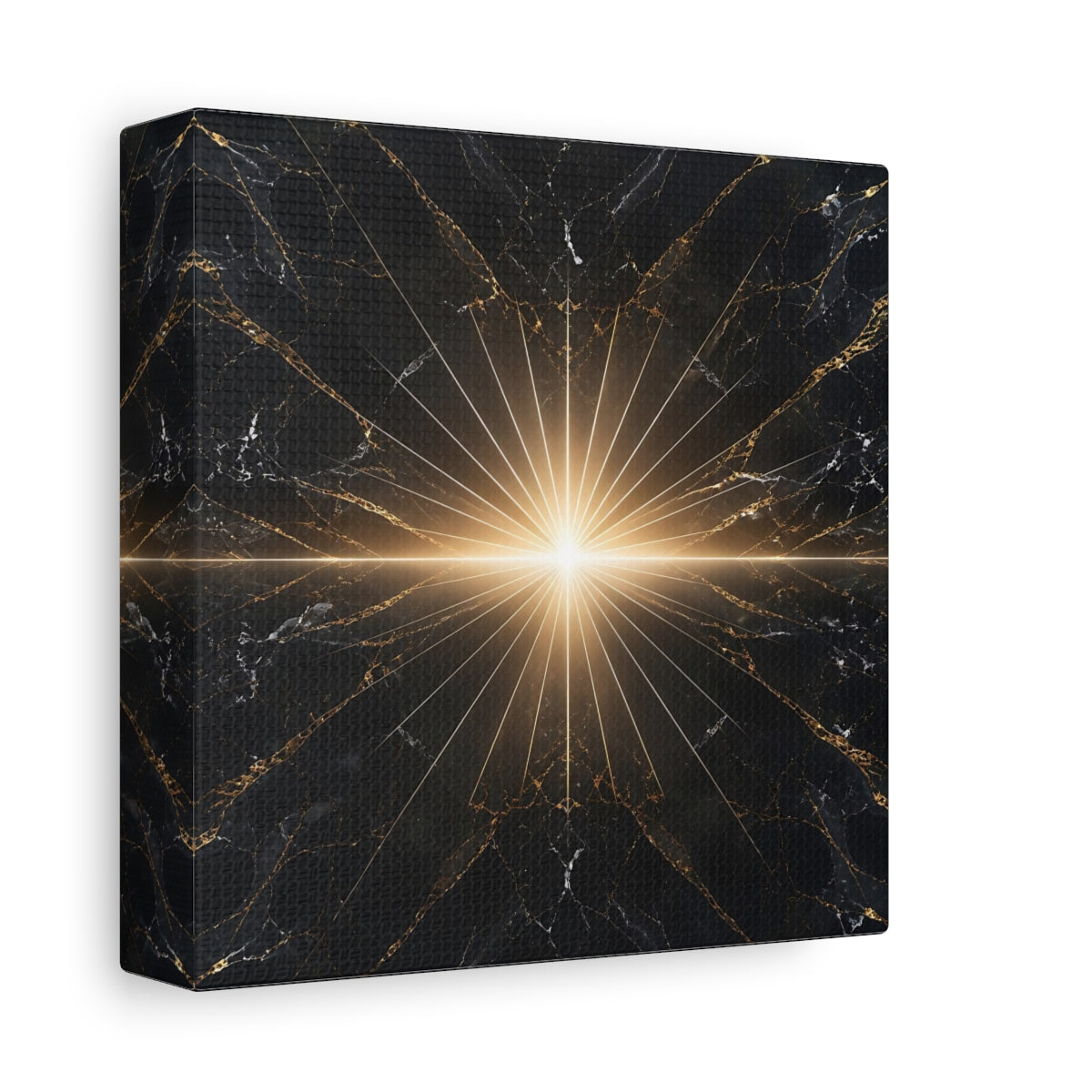 Side Mockup 2. Abstract Light Burst Black And Gold shown as stretched canvas wall art