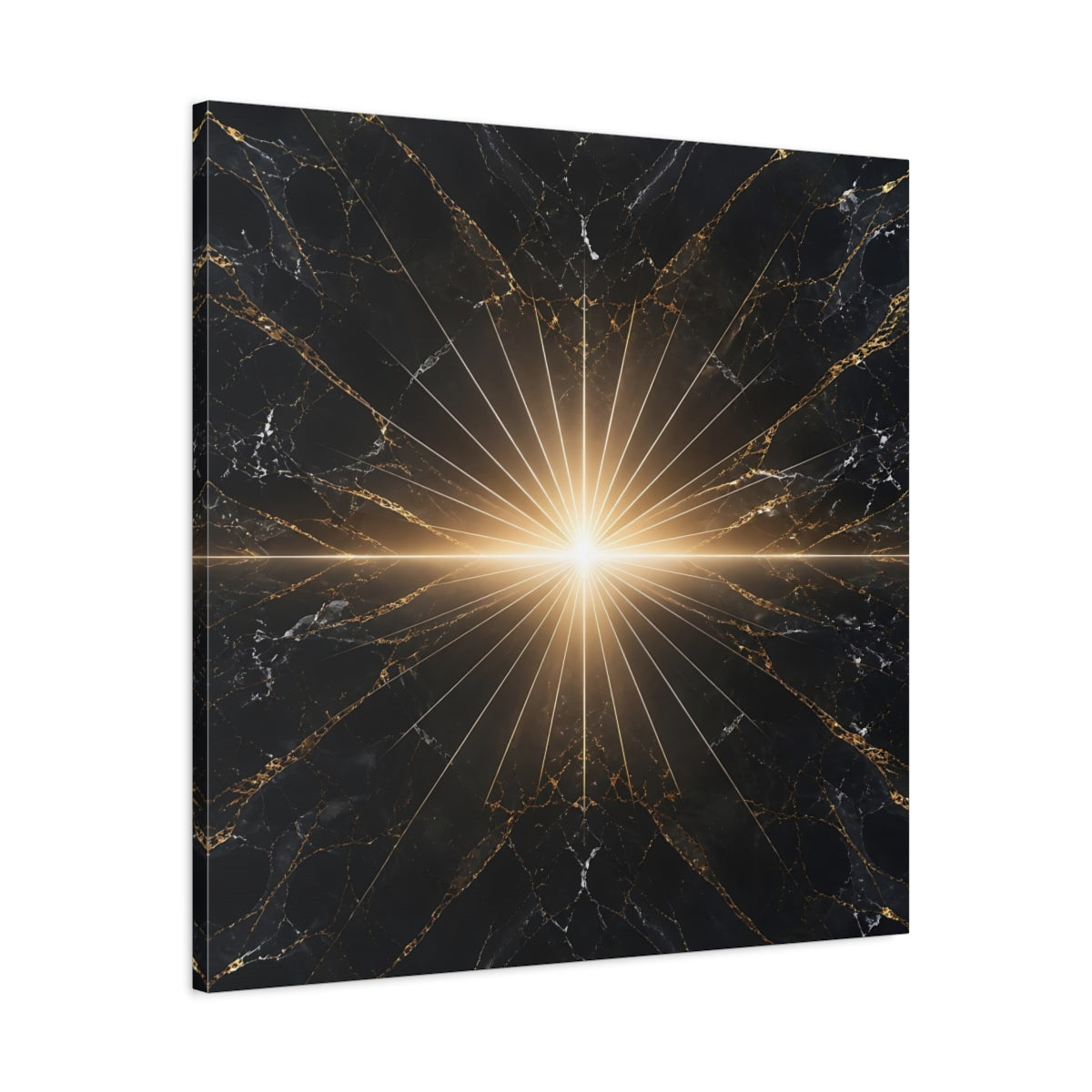 Side Mockup 3. Abstract Light Burst Black And Gold shown as stretched canvas wall art