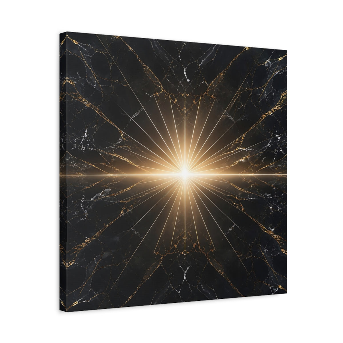 Side Mockup 5. Abstract Light Burst Black And Gold shown as stretched canvas wall art
