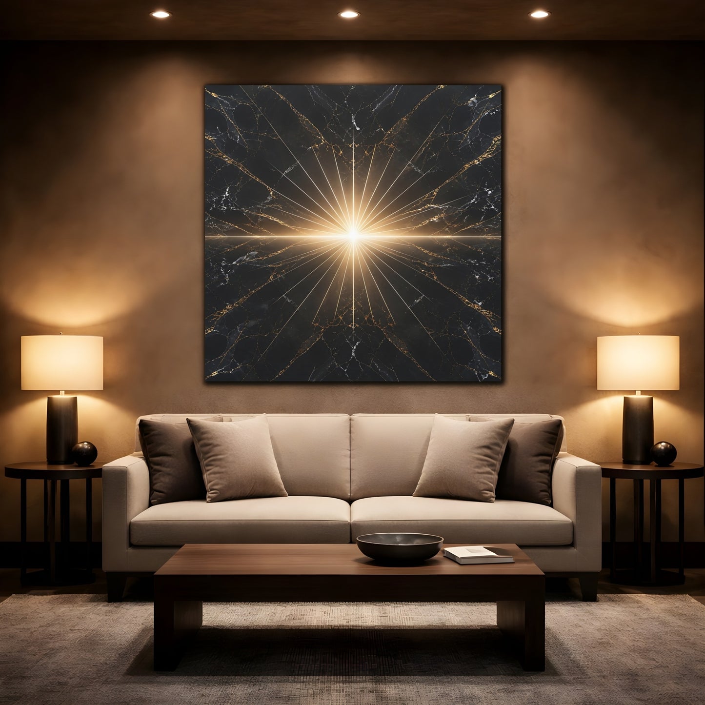 Mockup 2. Abstract Light Burst Black And Gold shown as stretched canvas wall art