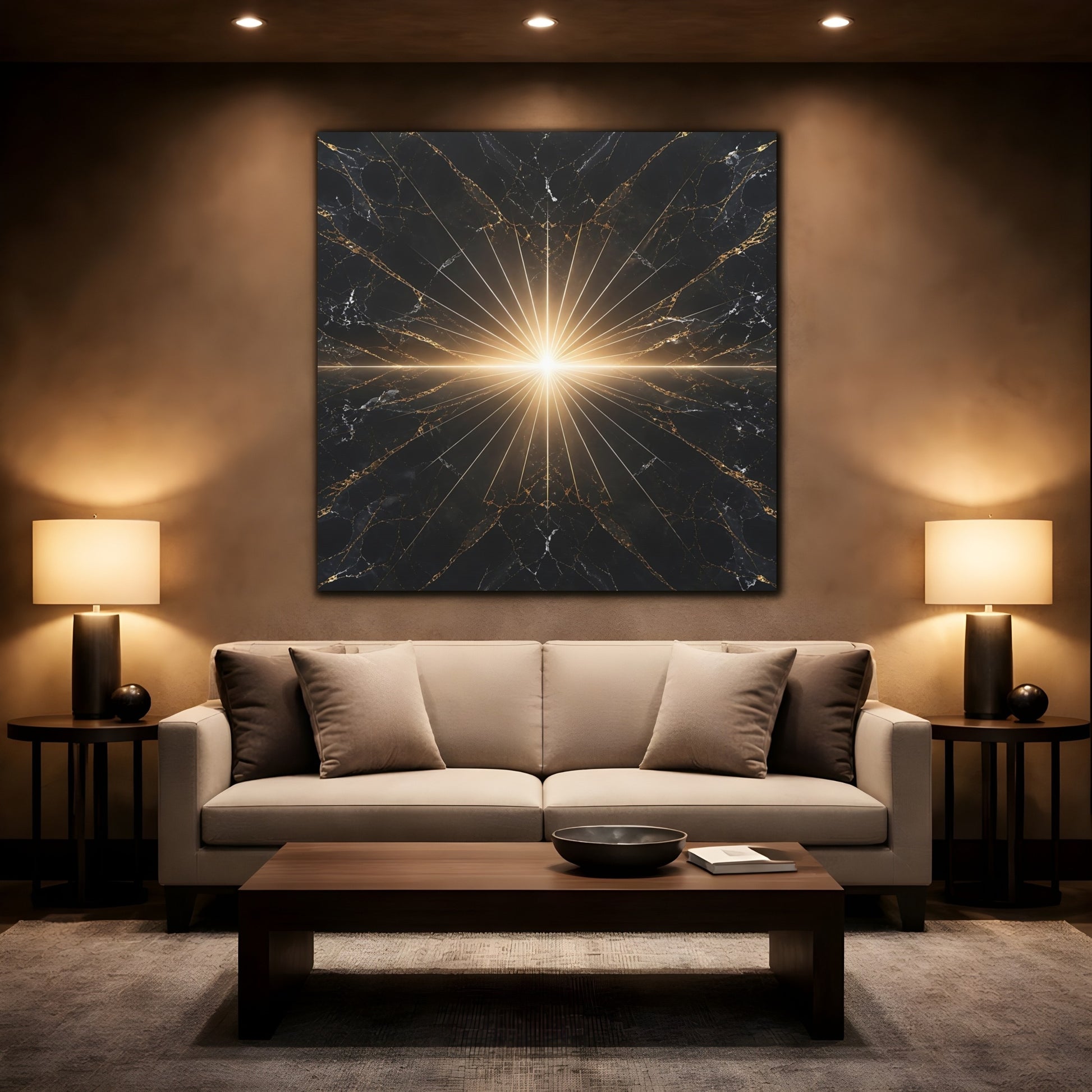 Mockup 2. Abstract Light Burst Black And Gold shown as stretched canvas wall art