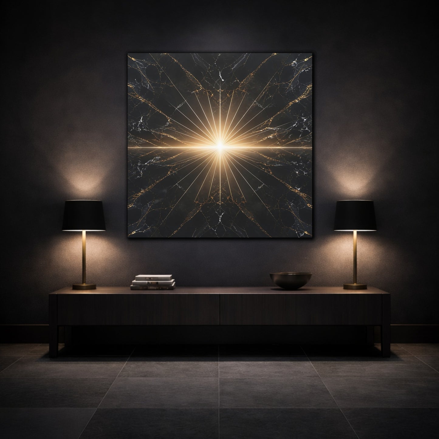Mockup 3. Abstract Light Burst Black And Gold shown as stretched canvas wall art