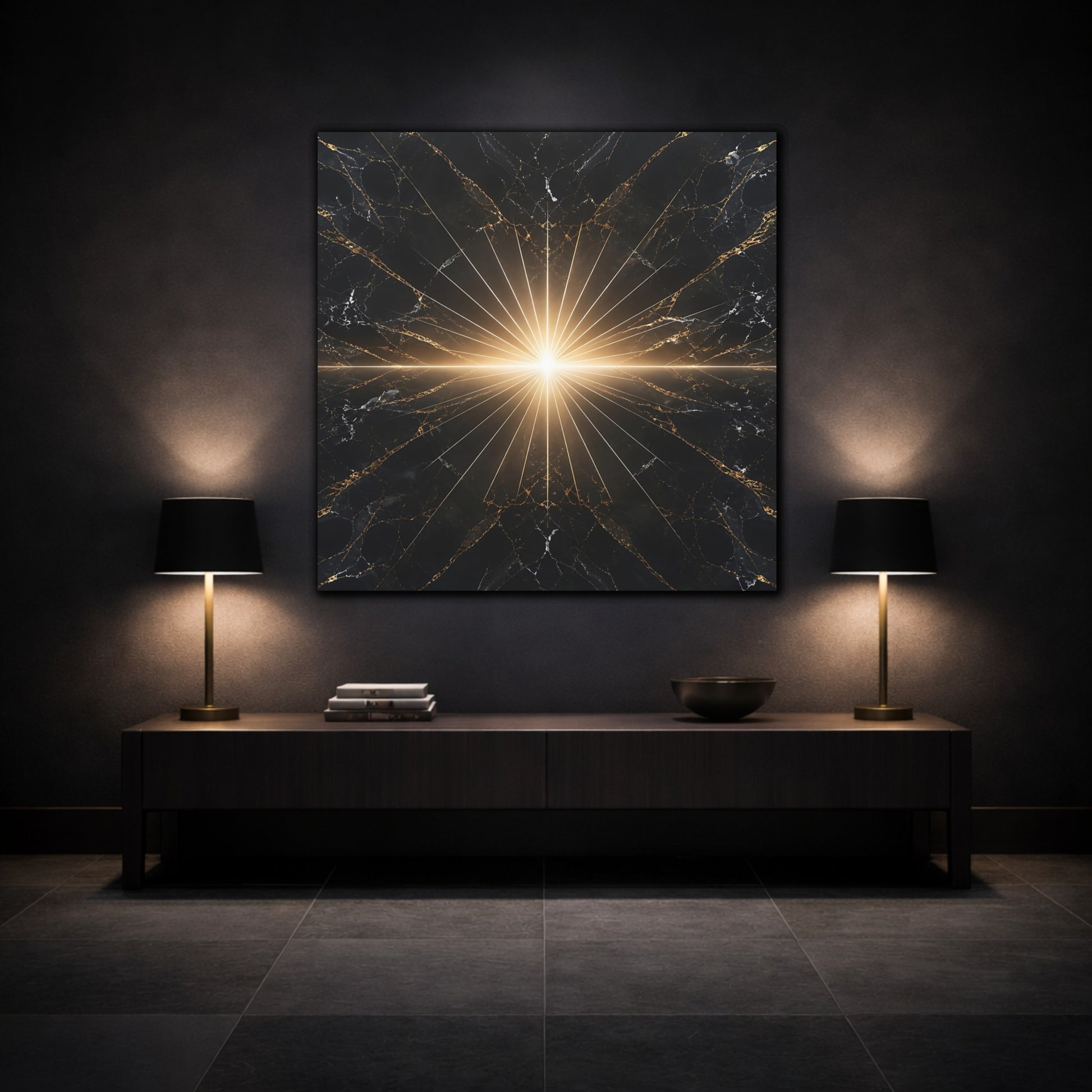 Mockup 3. Abstract Light Burst Black And Gold shown as stretched canvas wall art