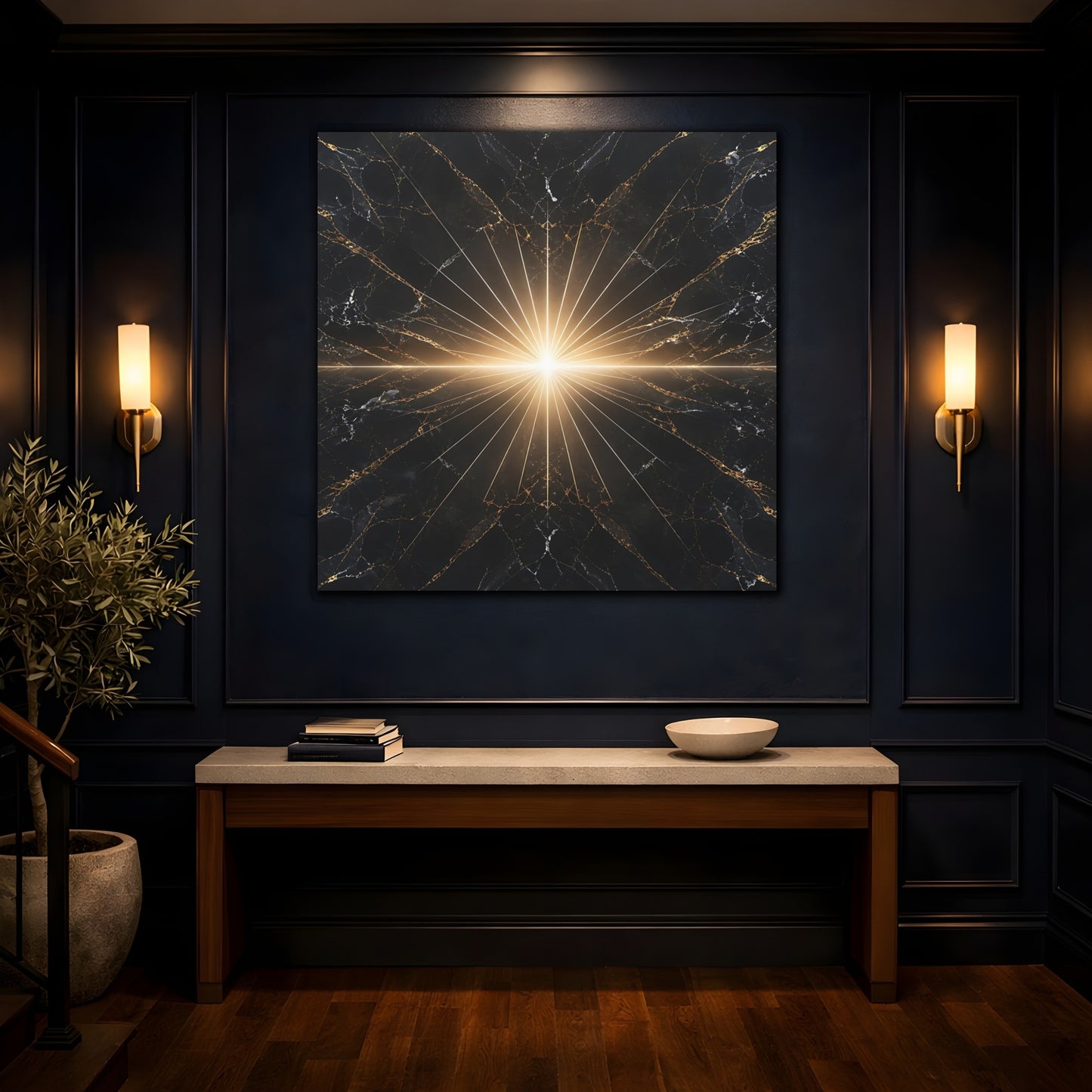 Mockup 4. Abstract Light Burst Black And Gold shown as stretched canvas wall art