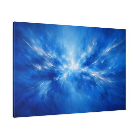 Main Mockup. Abstract Light Burst Blue And White Abstract shown as stretched canvas wall art