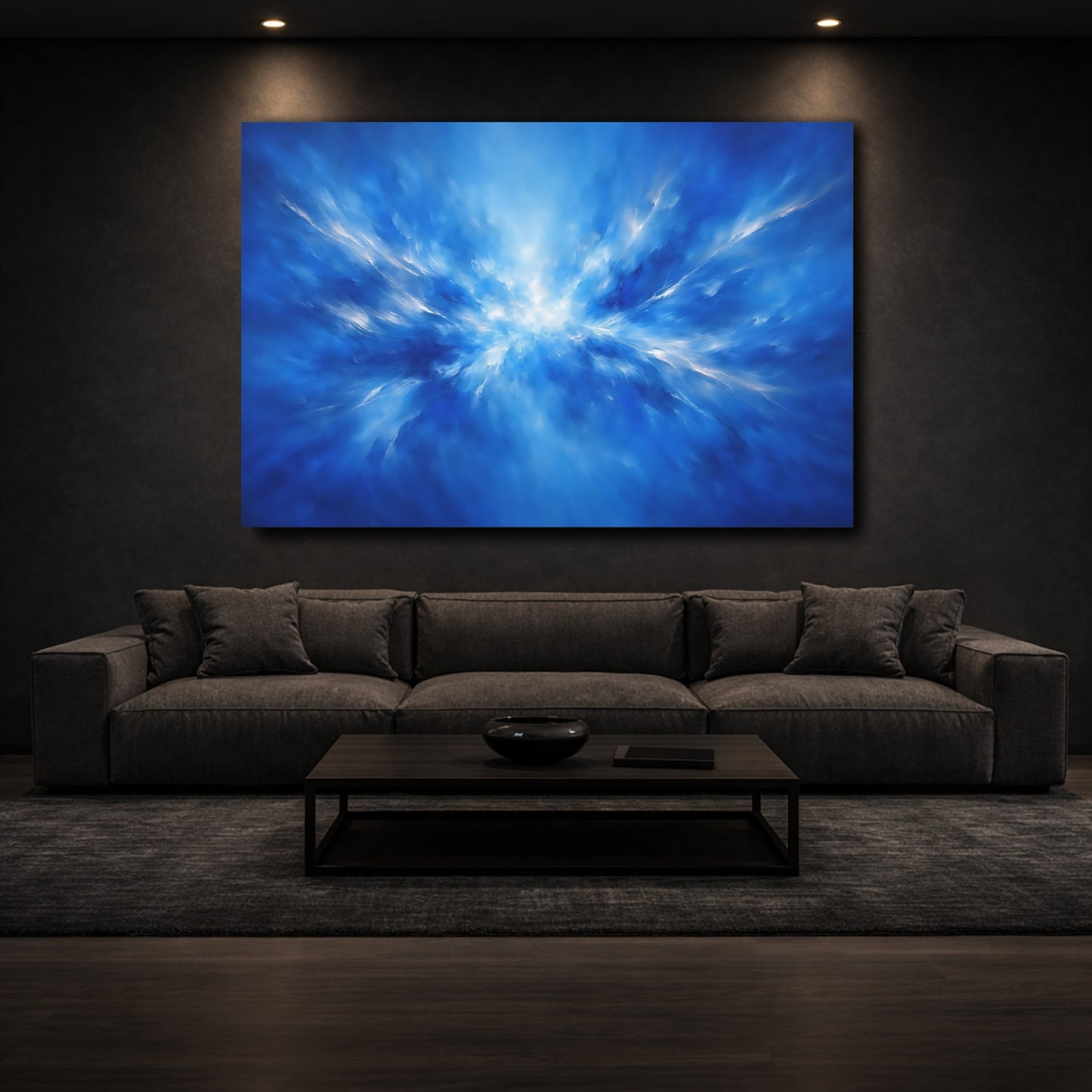 Mockup 2. Abstract Light Burst Blue And White Abstract shown as stretched canvas wall art