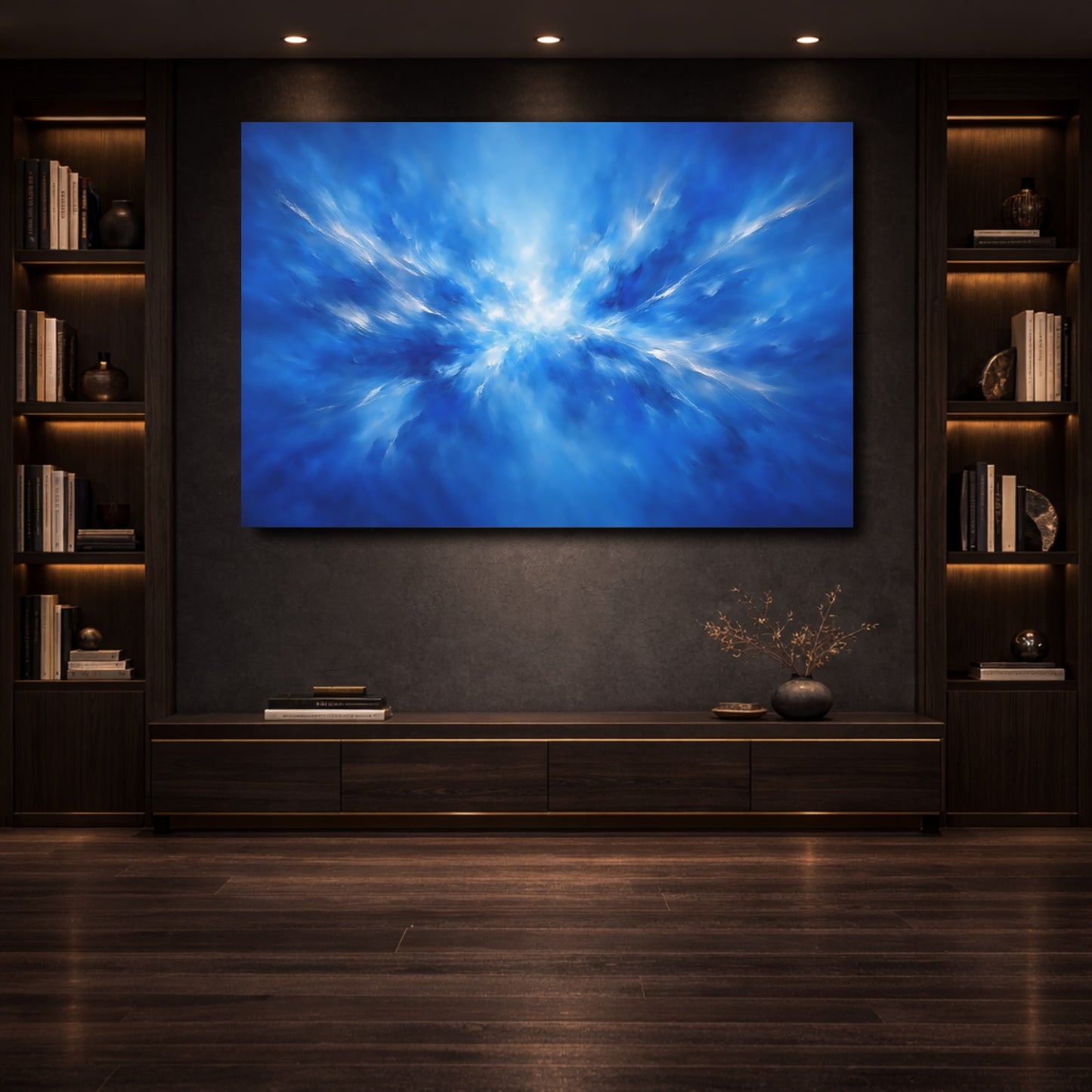 Mockup 3. Abstract Light Burst Blue And White Abstract shown as stretched canvas wall art