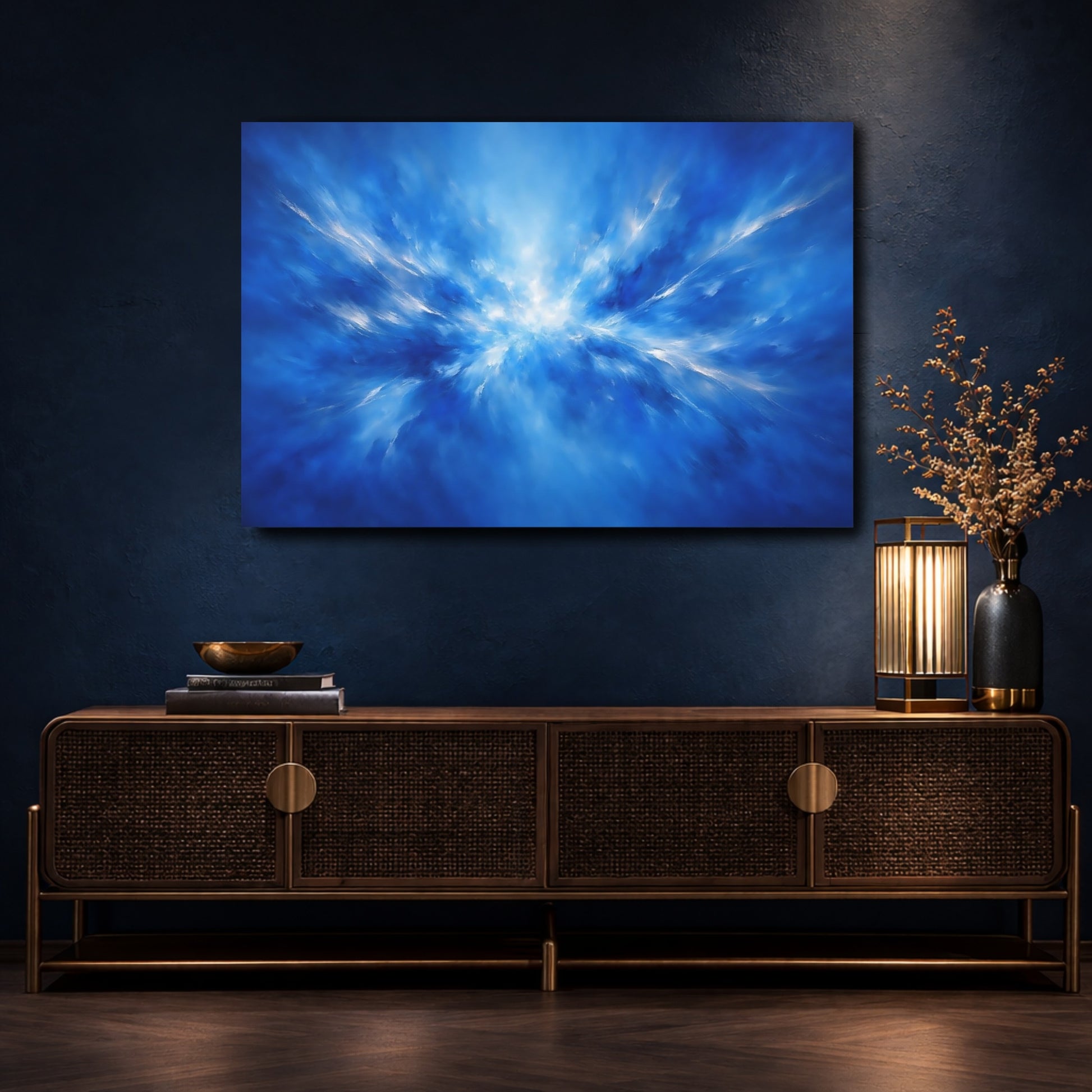 Mockup 4. Abstract Light Burst Blue And White Abstract shown as stretched canvas wall art
