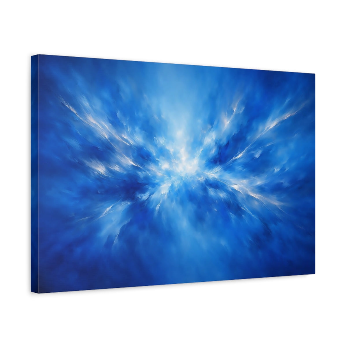 Side Mockup 3. Abstract Light Burst Blue And White Abstract shown as stretched canvas wall art