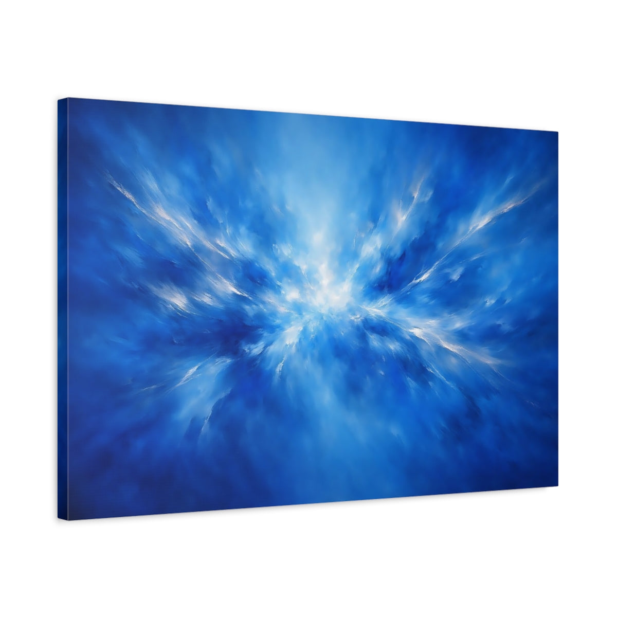 Side Mockup 2. Abstract Light Burst Blue And White Abstract shown as stretched canvas wall art
