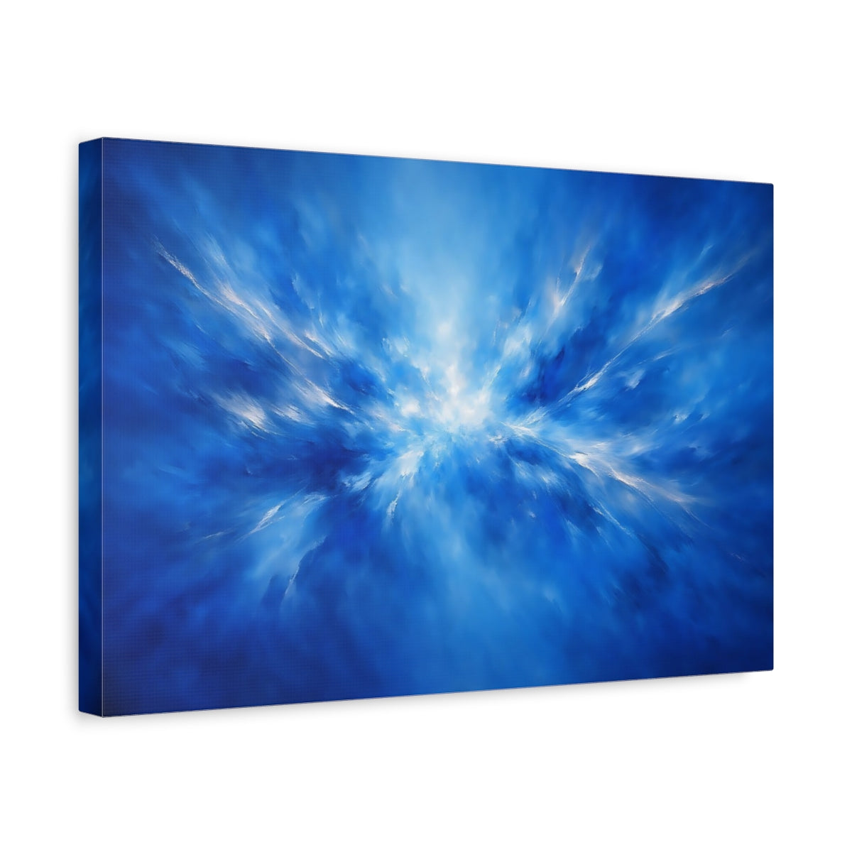 Side Mockup 4. Abstract Light Burst Blue And White Abstract shown as stretched canvas wall art