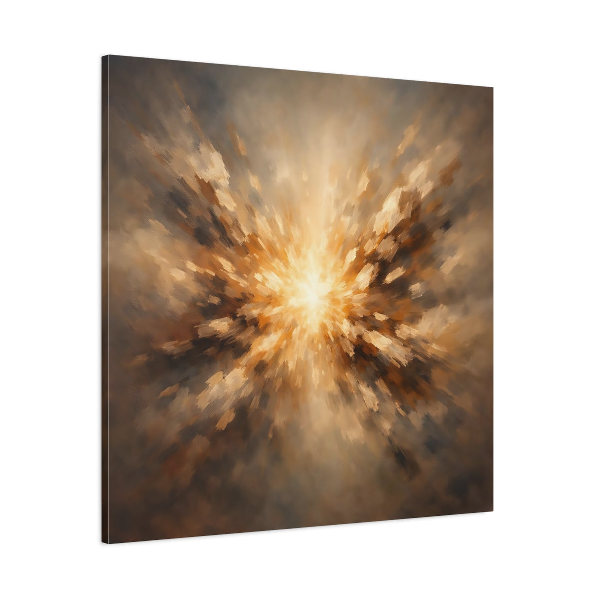 Main Mockup. Abstract Light Burst Brown And Gold shown as stretched canvas wall art