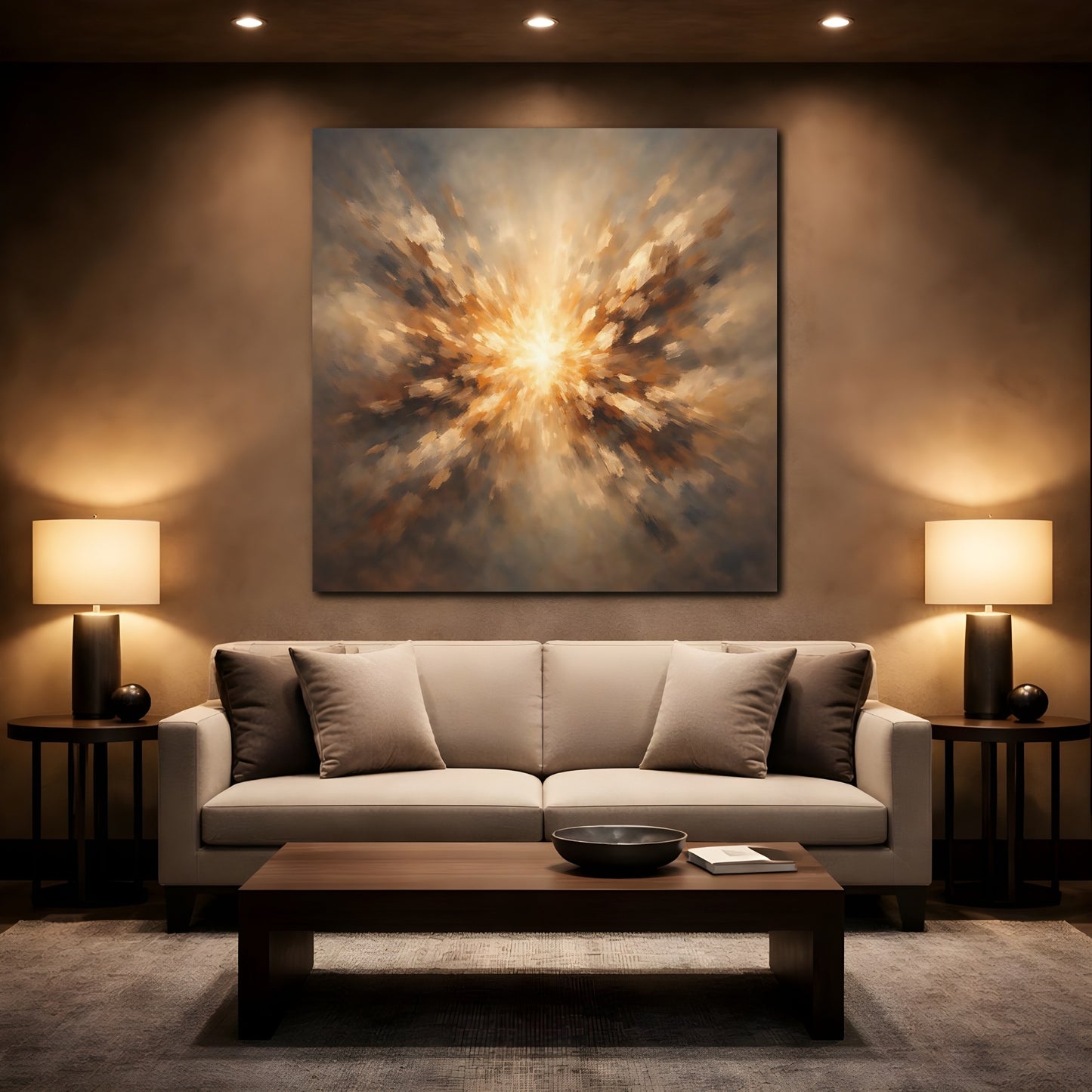 Mockup 2. Abstract Light Burst Brown And Gold shown as stretched canvas wall art